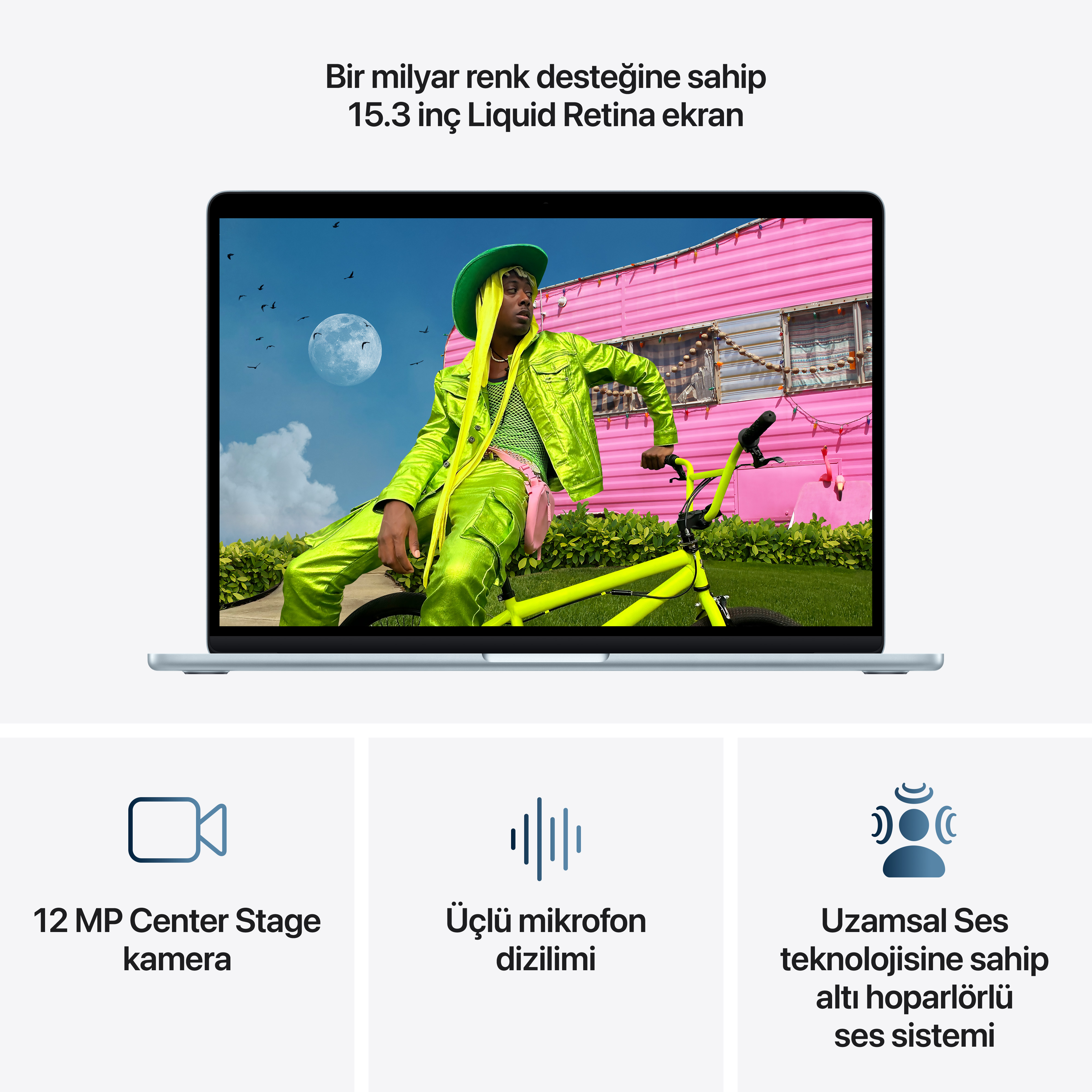 Bir dizüstü bilgisayar, pembe bir karavan önünde bisikletli, yeşil giysili bir adamı gösteriyor.