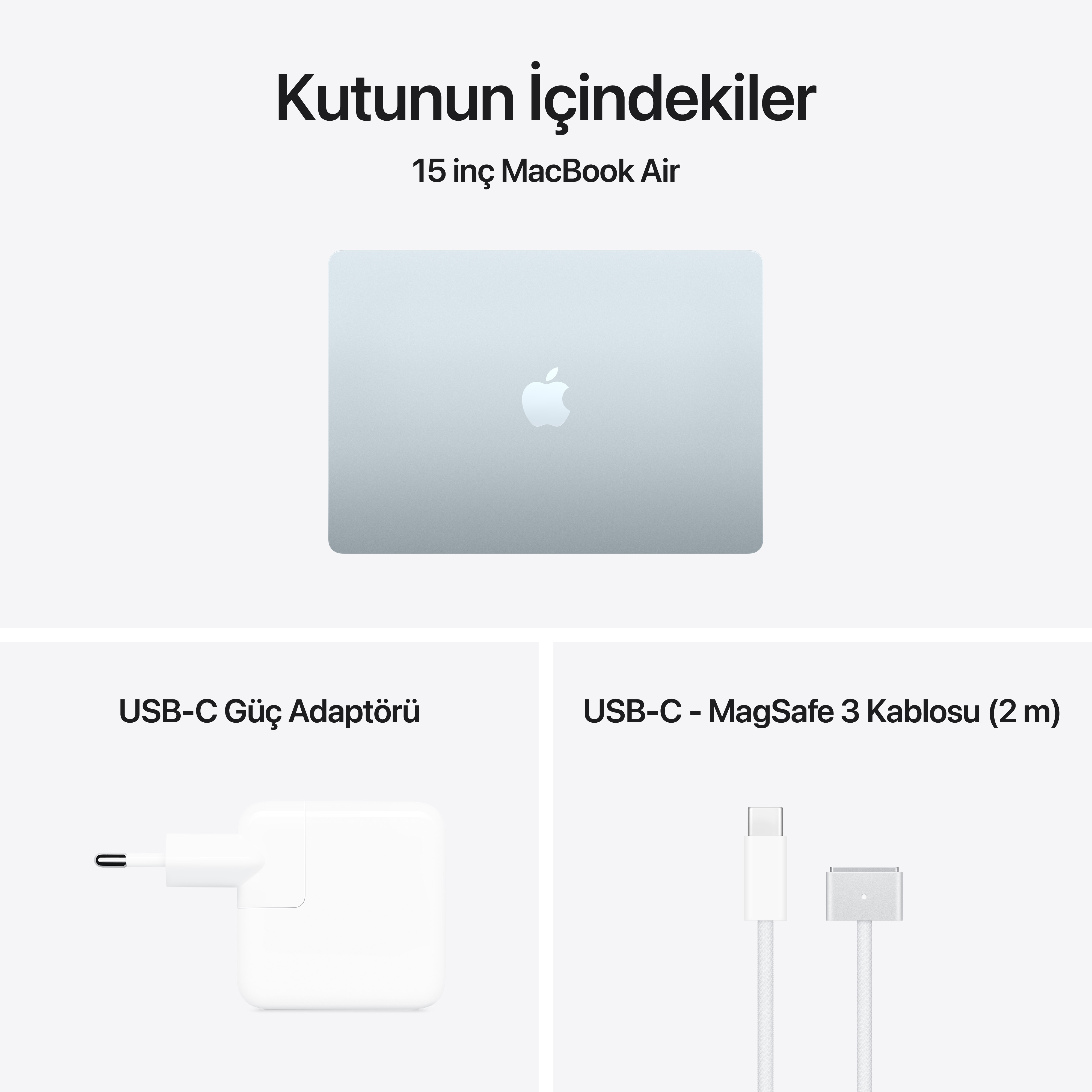 MacBook Air, güç adaptörü ve şarj kablosu.