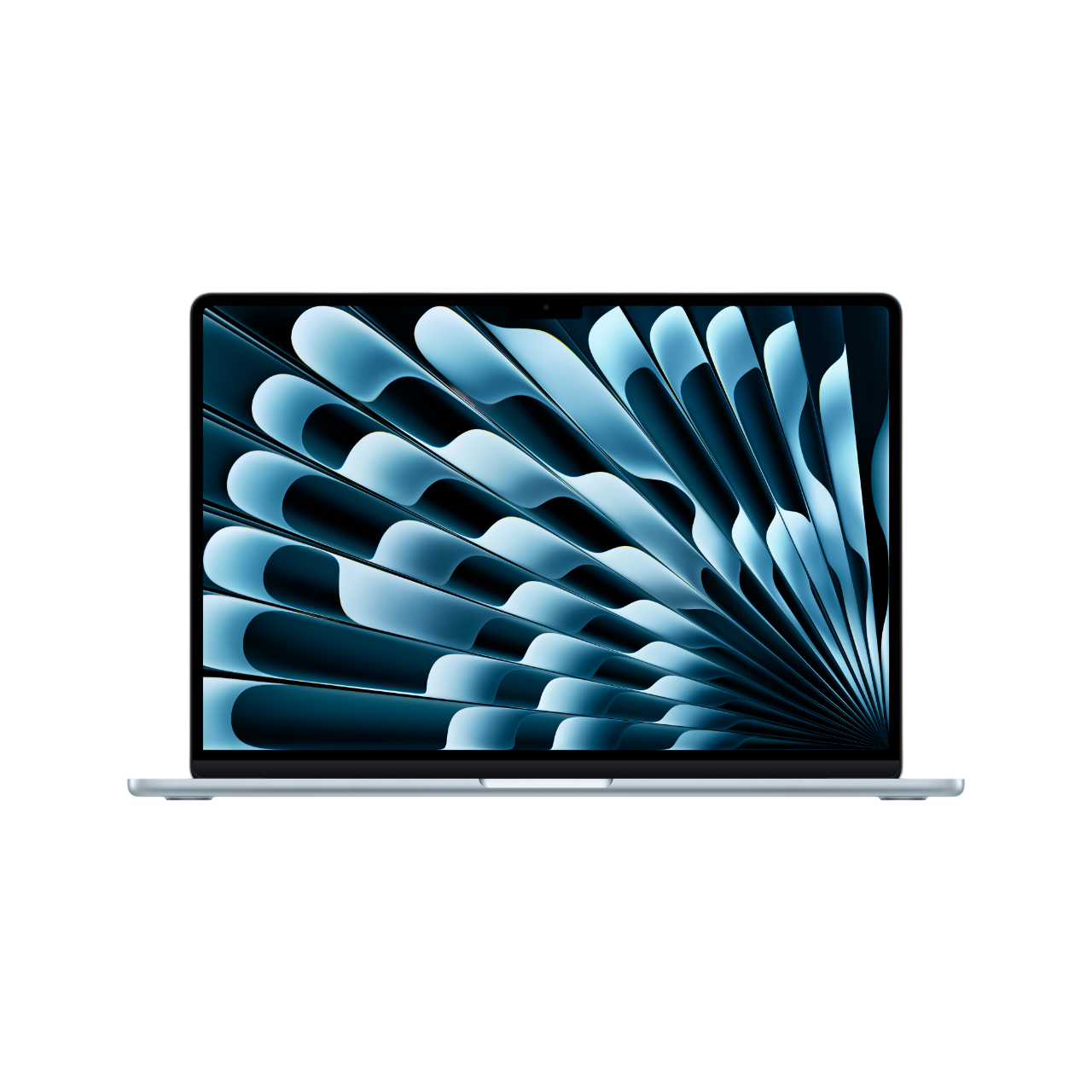 Ekranında mavi dalgalı desen bulunan gümüş rengi laptop, siyah arka plan üzerinde.