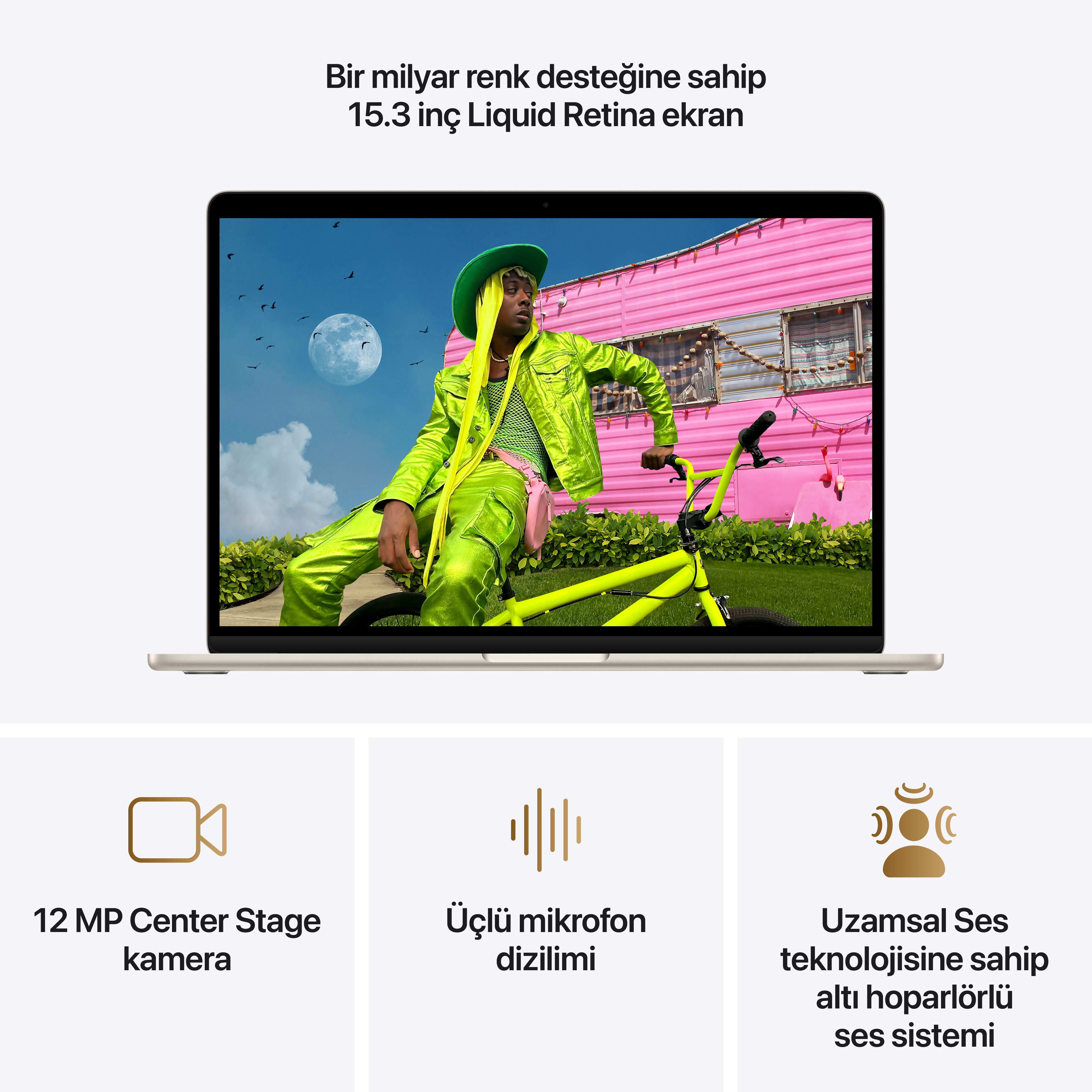 15,3 inç Liquid Retina ekrana, 12 MP kameraya, mikrofonlara ve hoparlörlere sahip dizüstü bilgisayar.