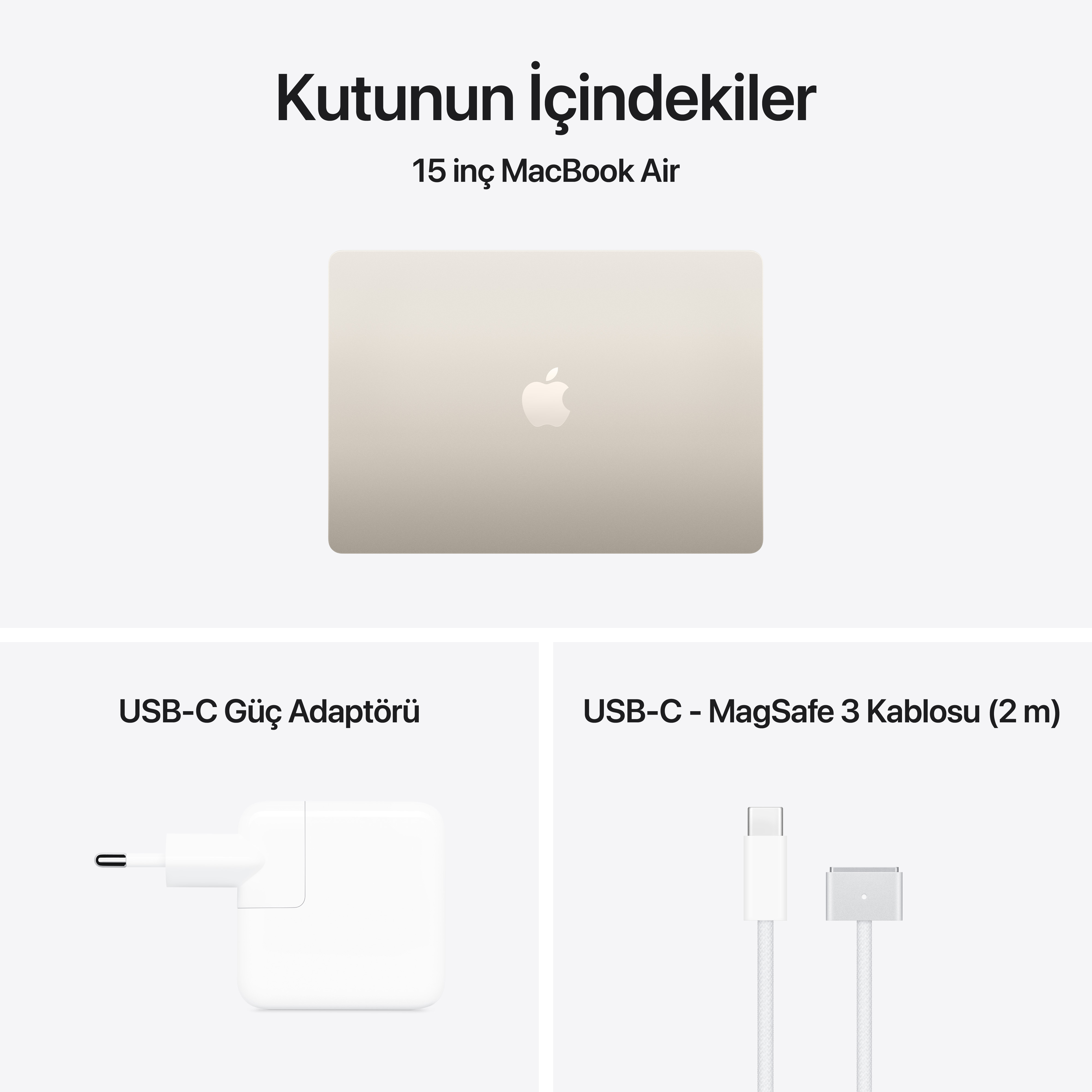 MacBook Air, güç adaptörü ve MagSafe şarj kablosu.