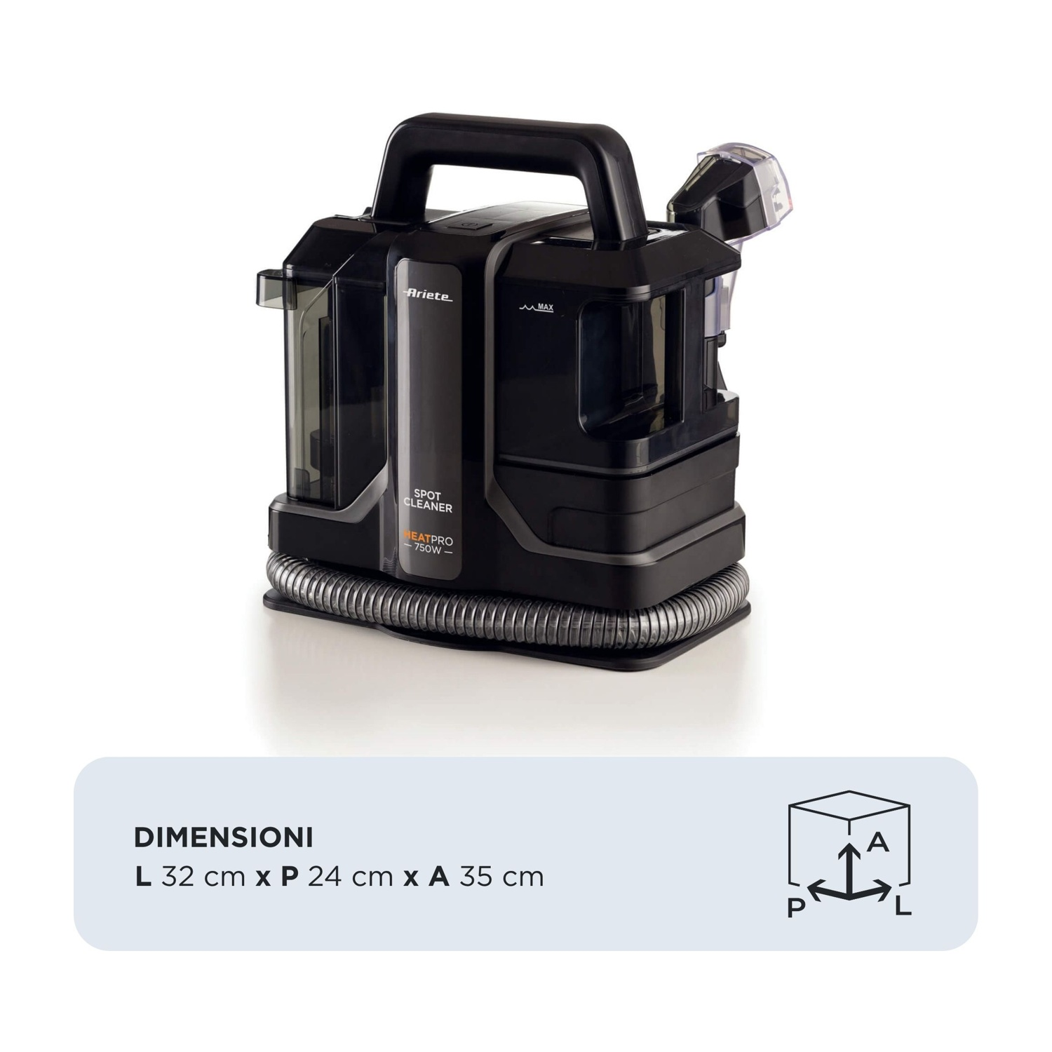 Pulitore per macchie nero Ariete con manico e tubo.