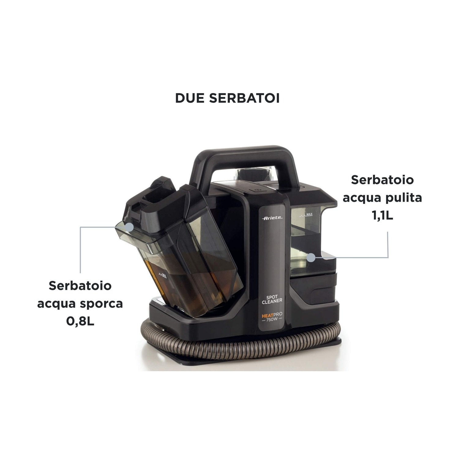 Pulitore nero con due serbatoi: 0,8L acqua sporca, 1,1L acqua pulita.