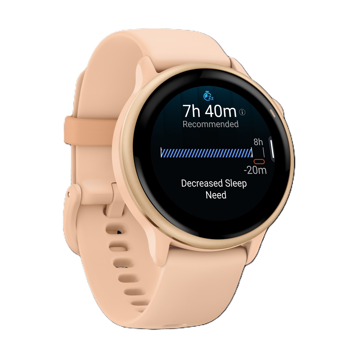 Uno smartwatch color pesca mostra 7h 40m di sonno consigliato sul suo schermo scuro.