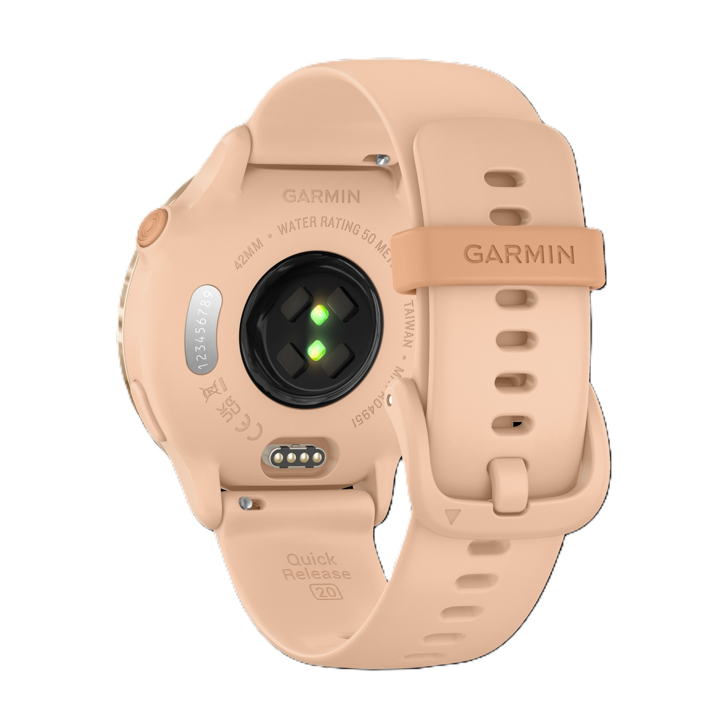Retro di un orologio Garmin color pesca con sensori cardio e cinturino a sgancio rapido.