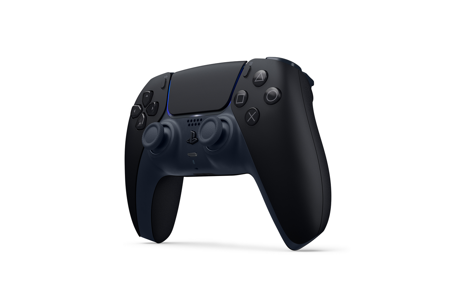 Un mando DualSense negro para PS5 con detalles azules.