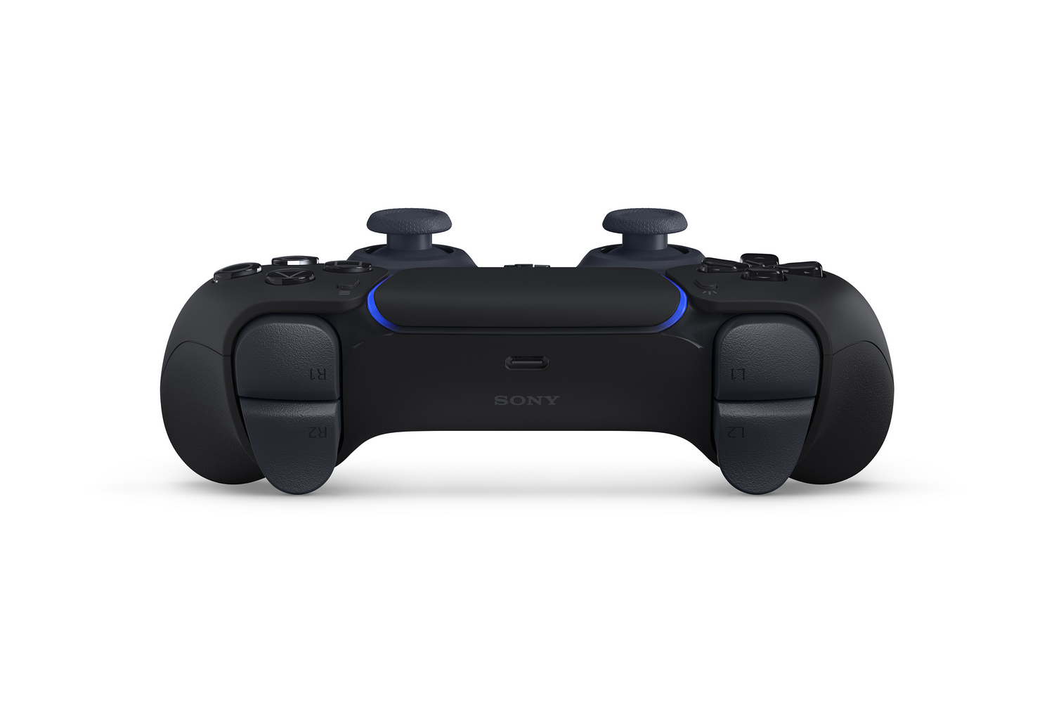 Controlador negro con detalles azules, dos joysticks y botones.