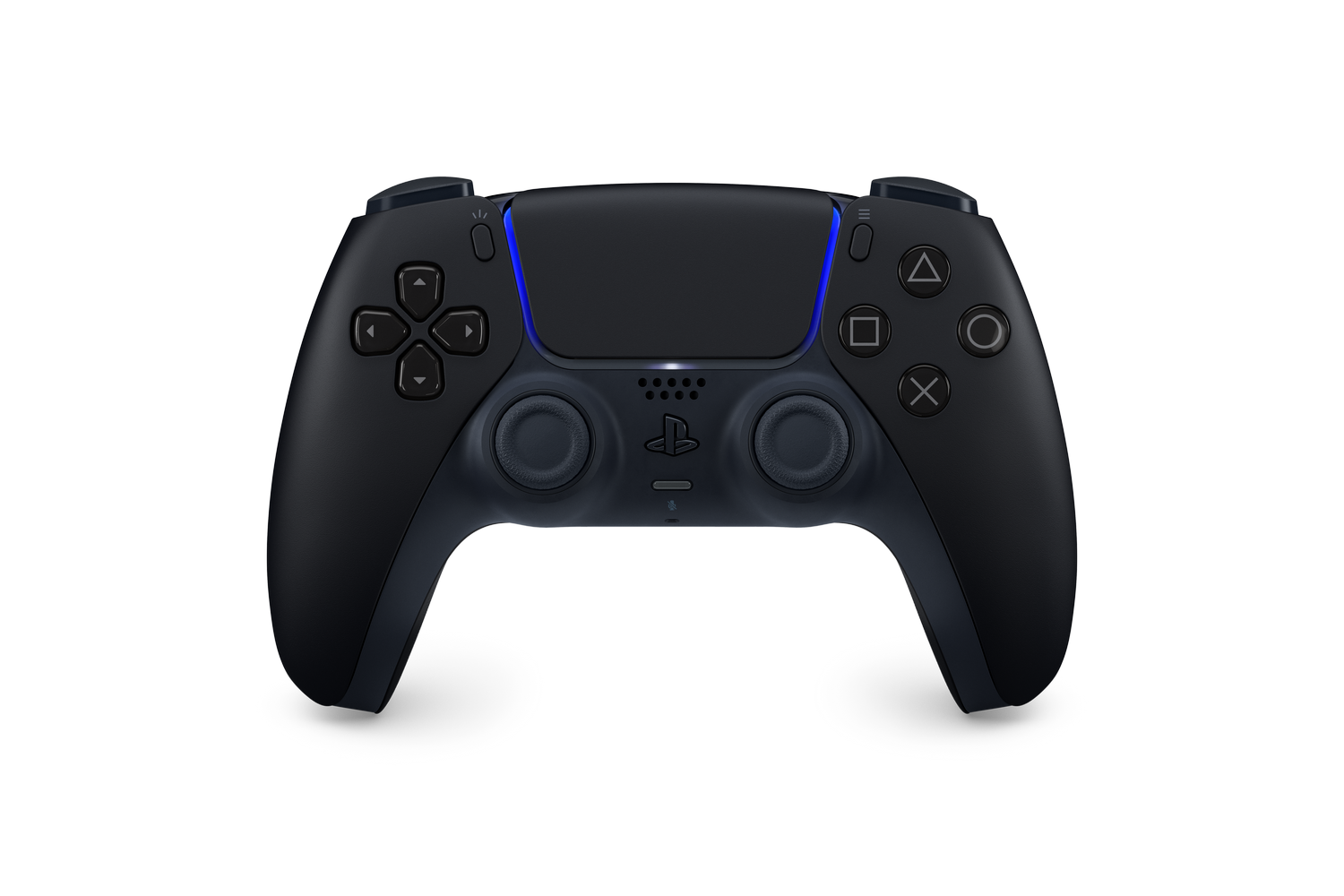 Un mando de PlayStation 5 negro con iluminación azul sobre fondo gris.