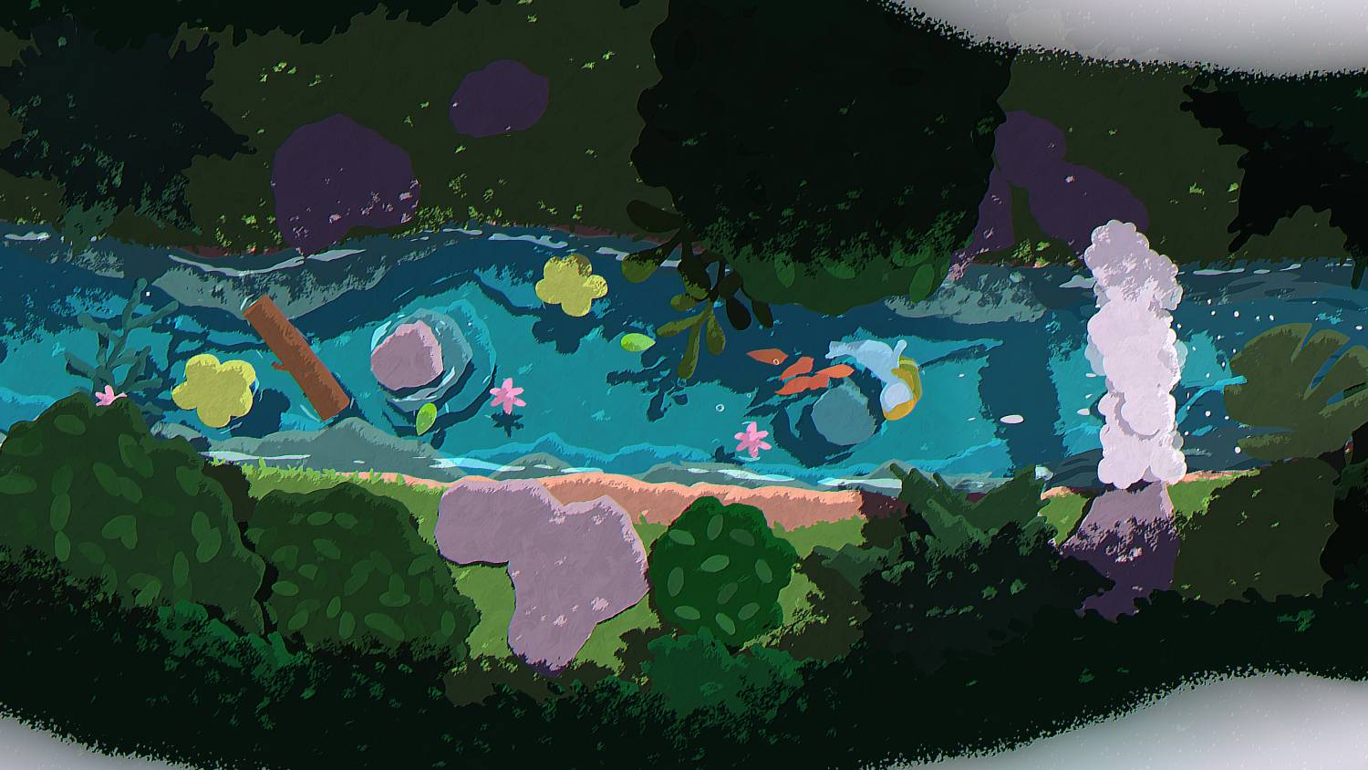 Una escena de dibujos animados de un río con árboles, flores y peces.