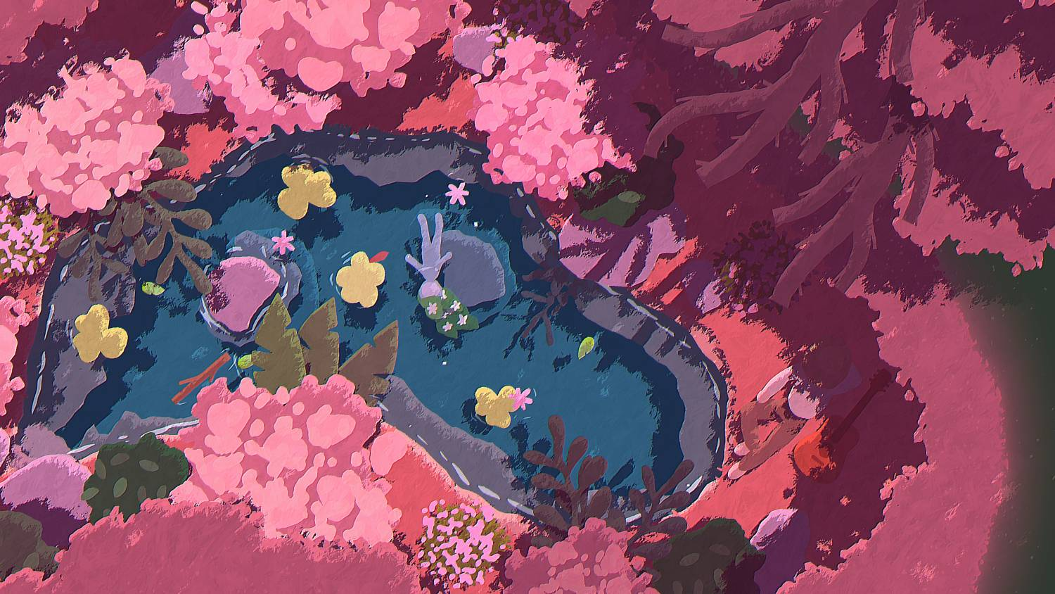 Una pequeña sirena nada en un estanque rodeado de flores rosas y árboles.