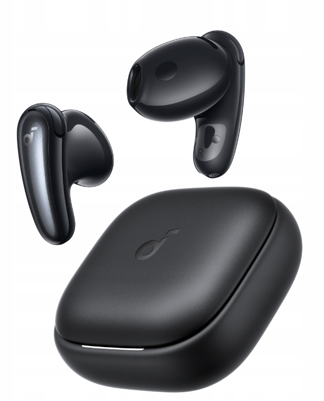 Czarne słuchawki bezprzewodowe i etui ładujące z logo