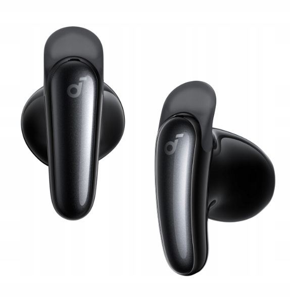 Dwa czarne słuchawki bezprzewodowe z srebrnym logo, na białym tle.