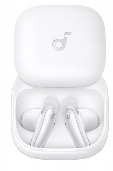 Białe słuchawki bezprzewodowe w otwartym etui ładującym z logo Anker.