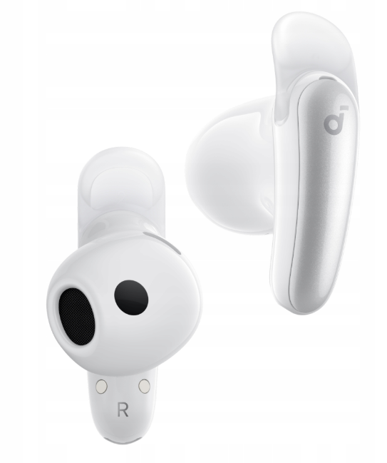 Dwa białe słuchawki z logo na prawej słuchawce.