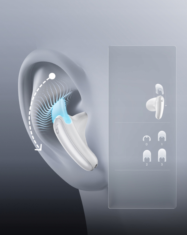 Biały wkładka douszna w uchu, obok pokazano różne rozmiary końcówek.