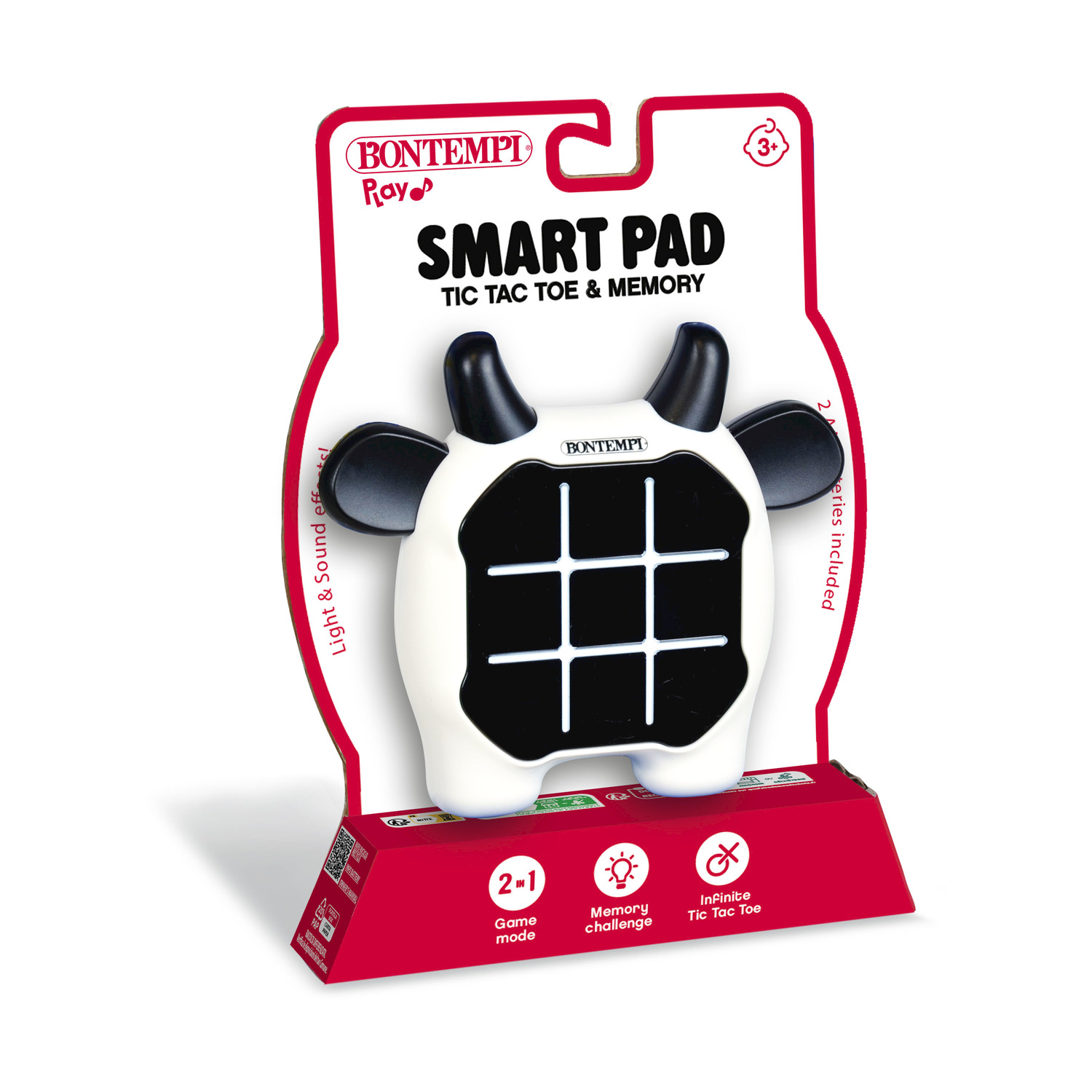 Un giocattolo Smart Pad a forma di mucca con funzioni Tic Tac Toe e Memoria.