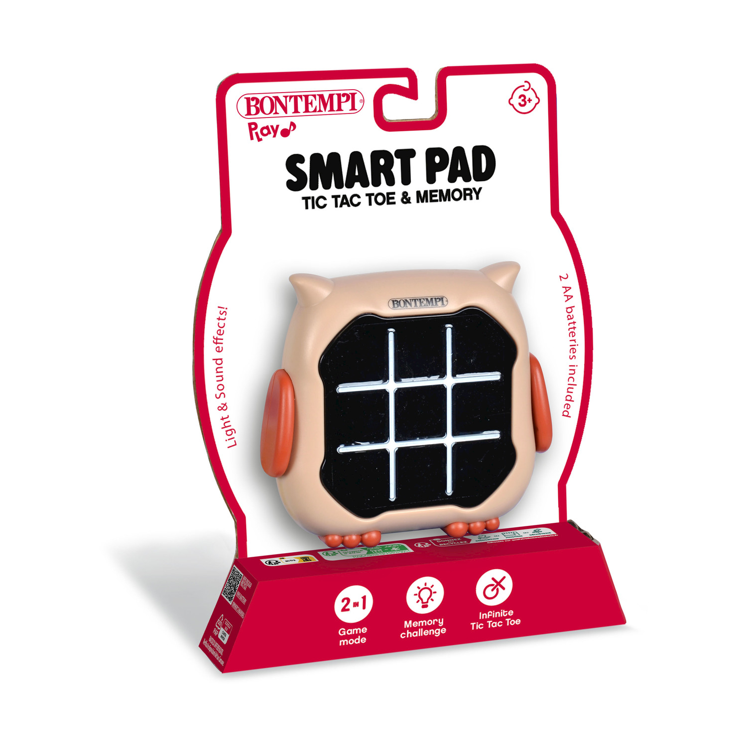 Gioco Bontempi Smart Pad, un gufo beige con griglia del tris, in confezione.