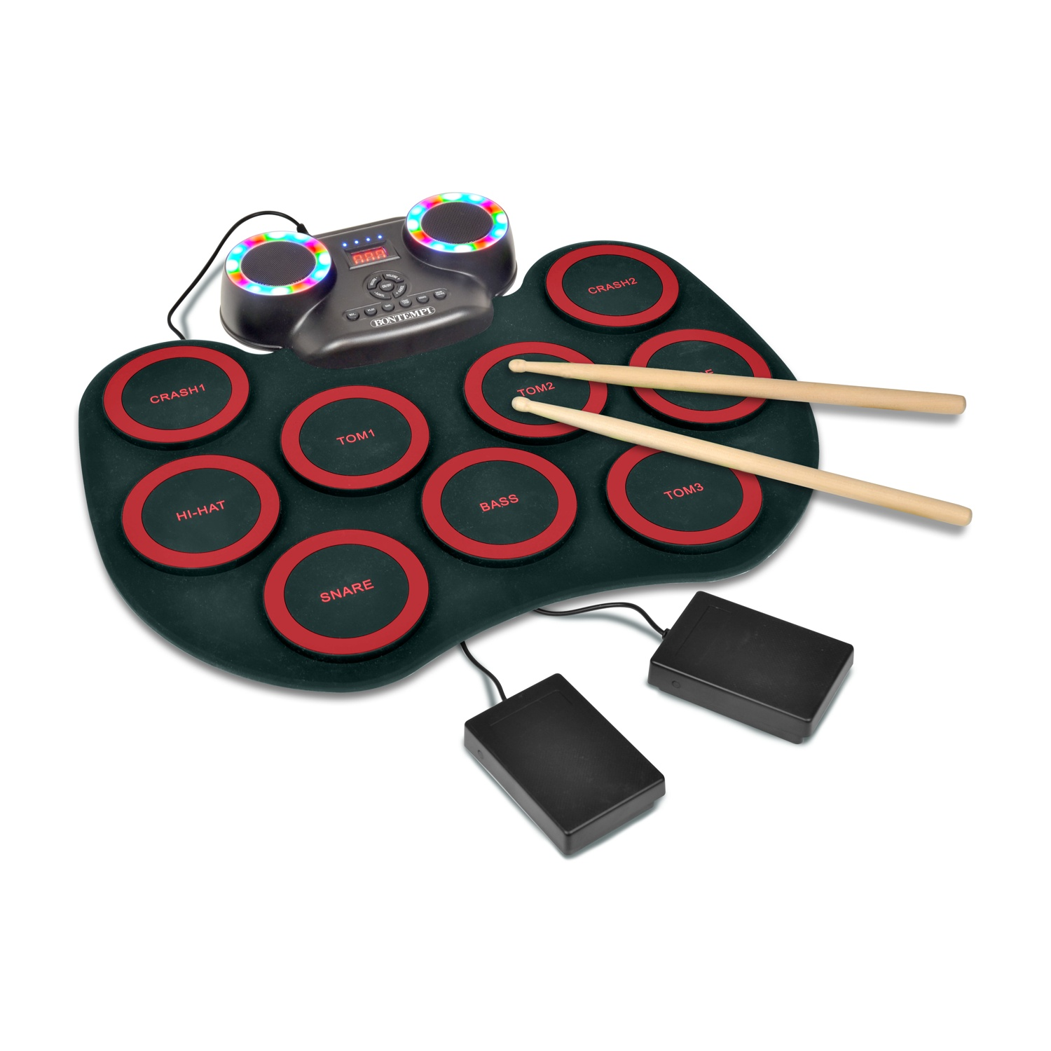 Un set di batteria arrotolabile nero con pad rossi, due bacchette e pedali neri.