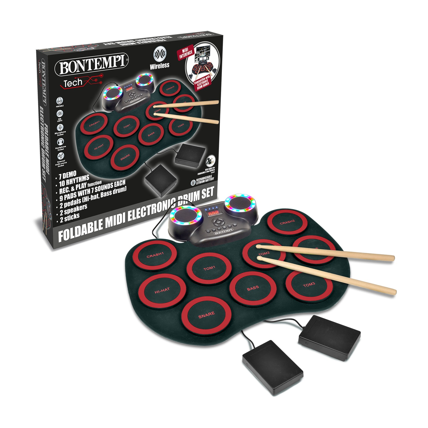 Un set di batteria MIDI pieghevole con 9 pad, 2 pedali, 2 bacchette e altoparlanti.