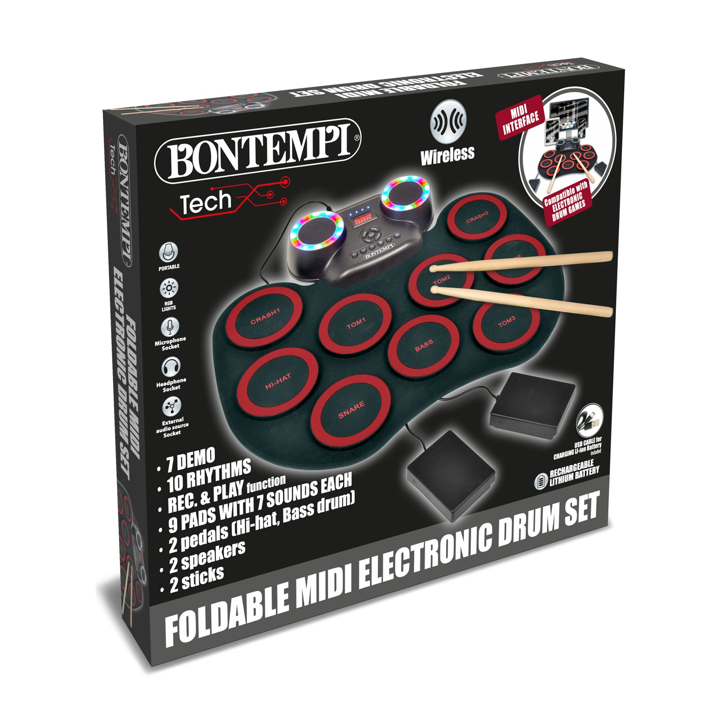 Un set di batteria elettronico MIDI pieghevole con pad, pedali, altoparlanti e bacchette.