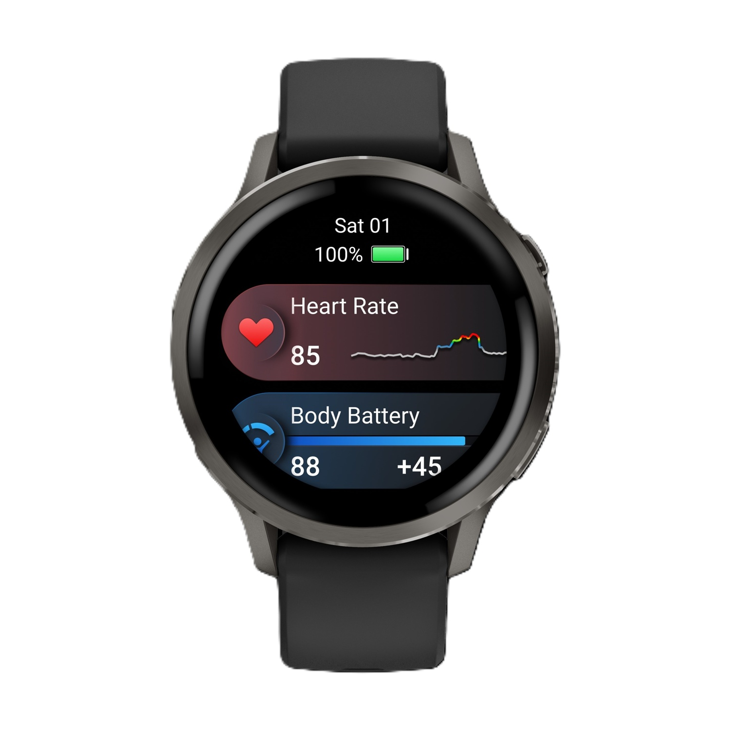 Smartwatch grigio mostra frequenza cardiaca 85 e batteria corporea 88.