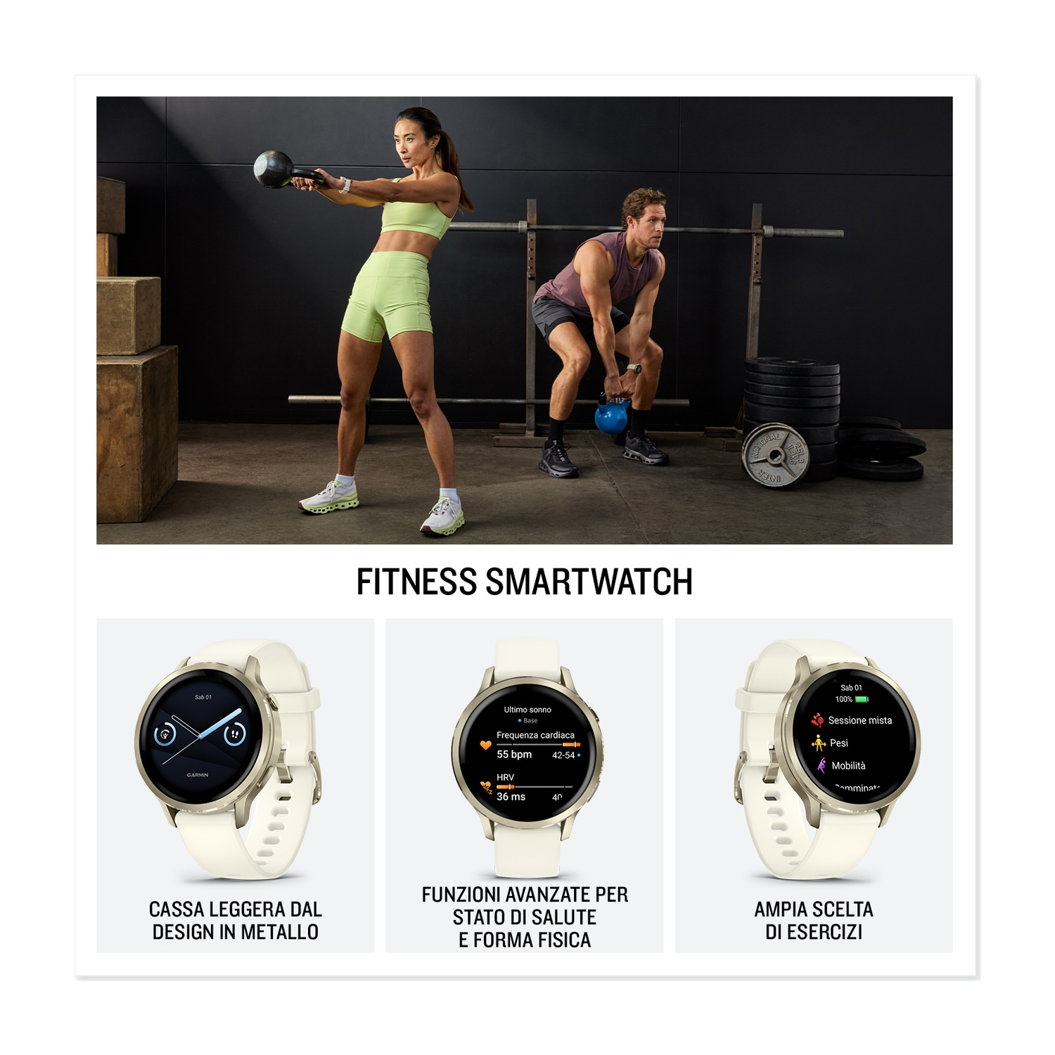 Un uomo e una donna si allenano con kettlebell in palestra. Sotto sono mostrati tre smartwatch.