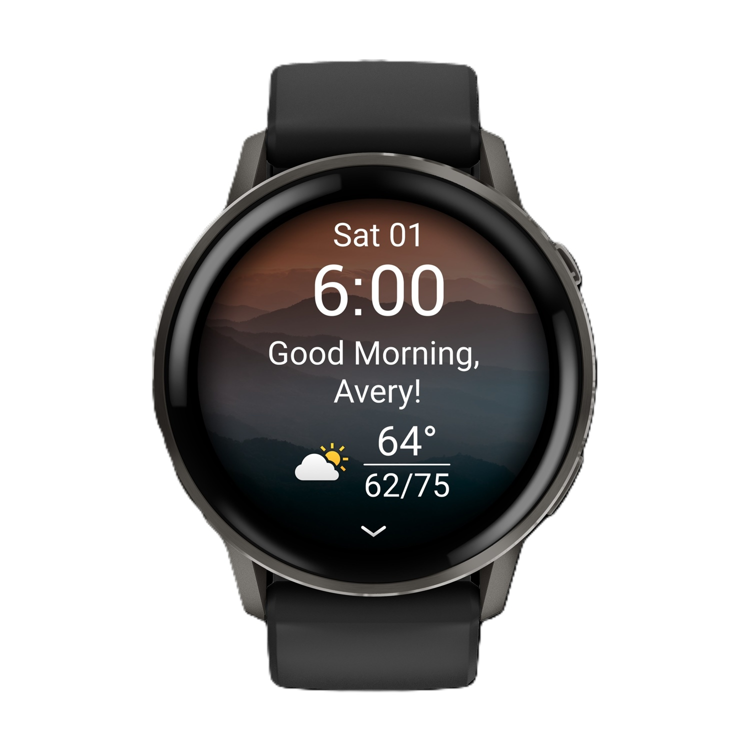 Uno smartwatch mostra Sab 01, 06:00, Buongiorno Avery, 64 gradi.