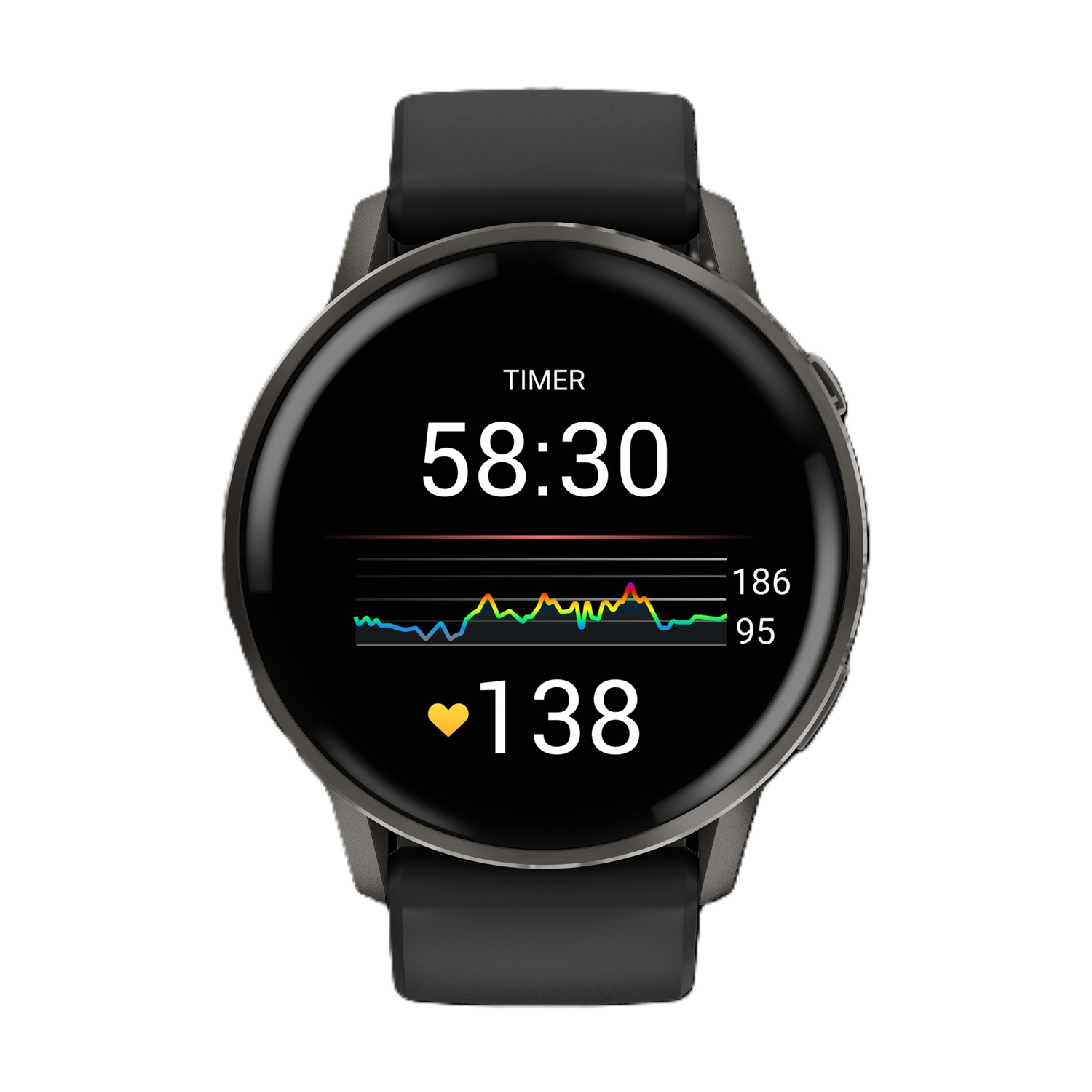 Uno smartwatch nero mostra un timer 58:30, grafico battito cardiaco e 138 bpm.