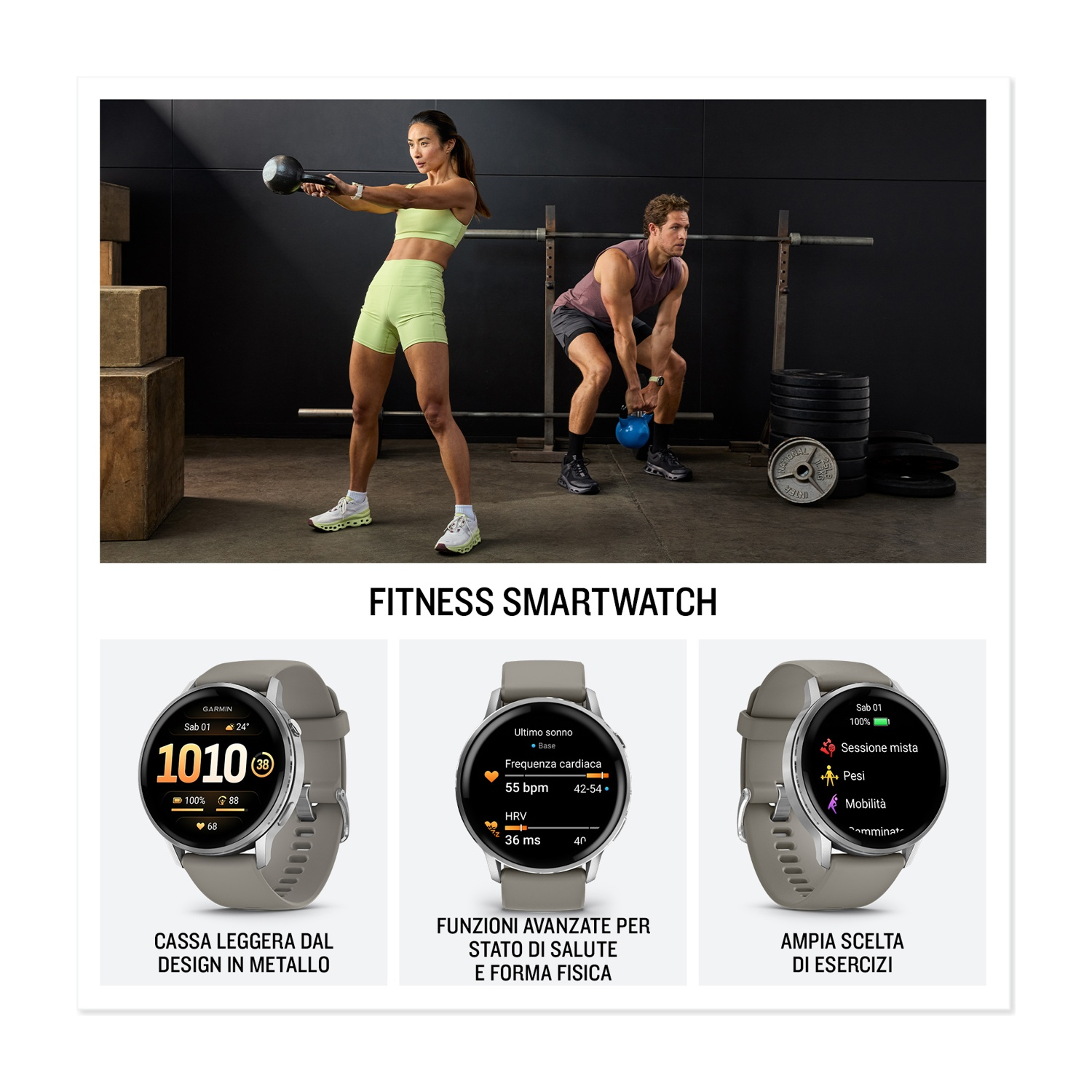 Smartwatch fitness con azione di allenamento e viste dettagliate.
