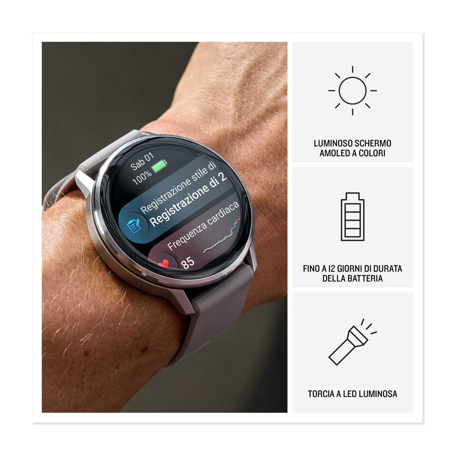 Uno smartwatch al polso mostra frequenza cardiaca e livello batteria.