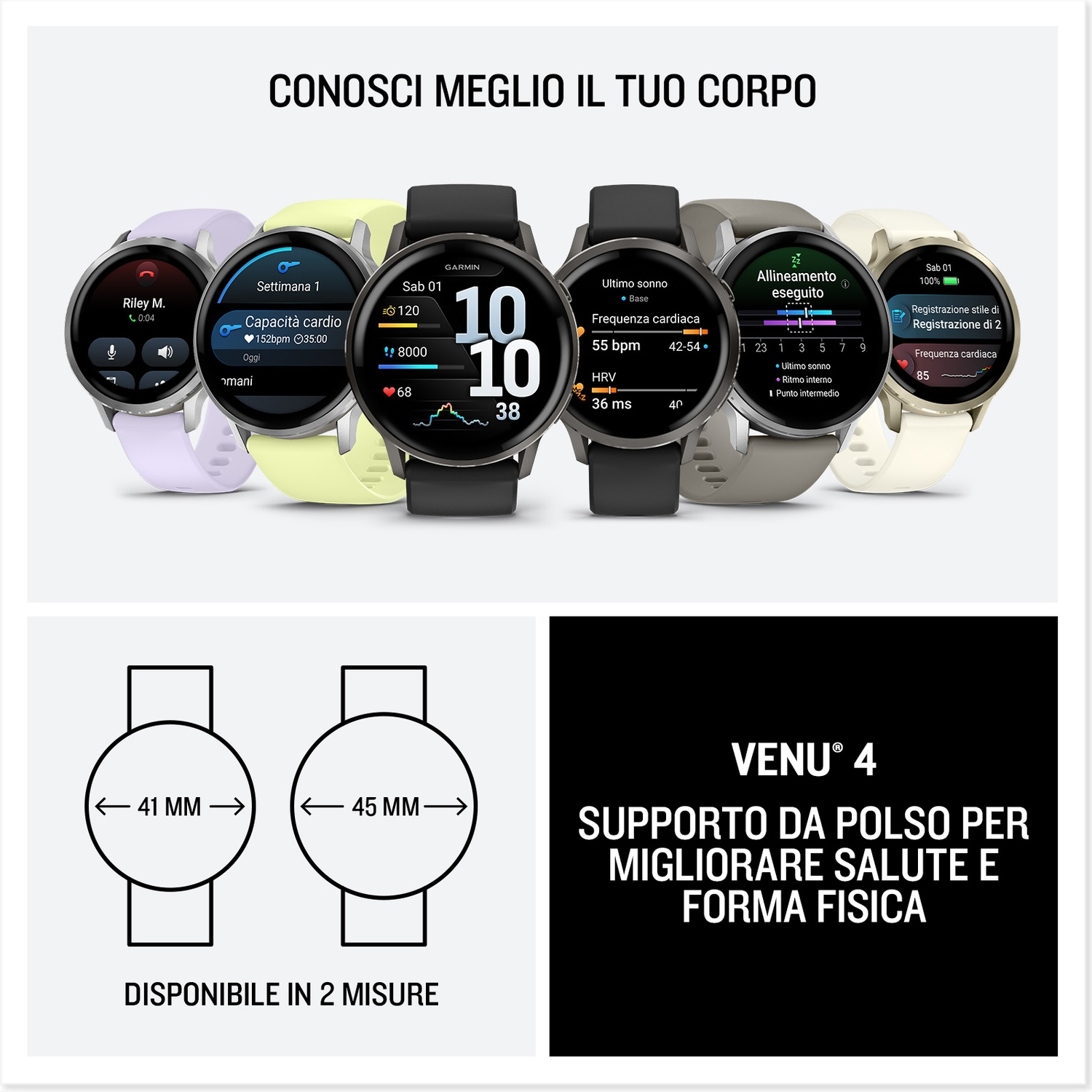 Diversi smartwatch Garmin in vari colori che mostrano dati sanitari.