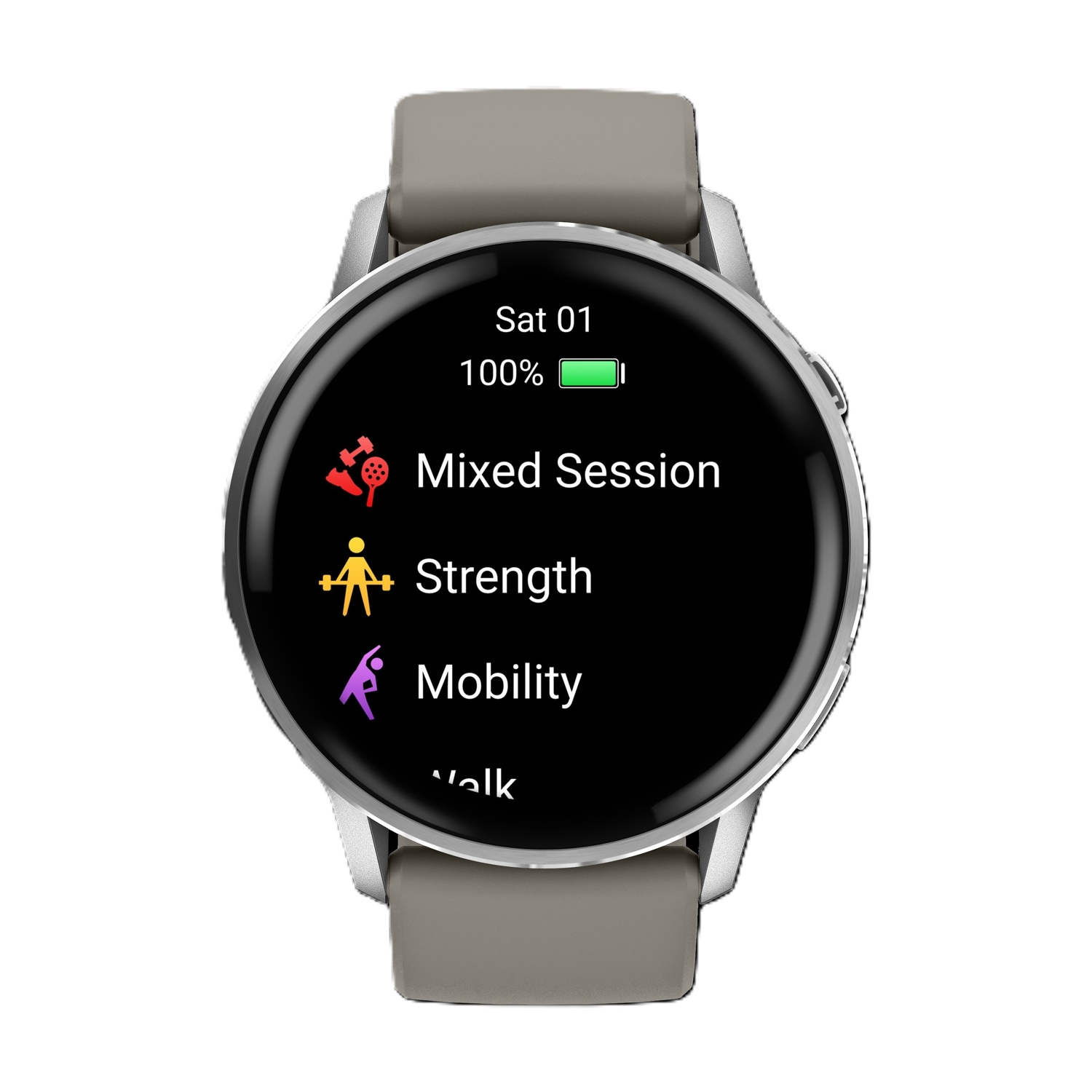 Smartwatch argentato con cinturino grigio. Mostra "Mixed Session", "Strength" e "Mobility".