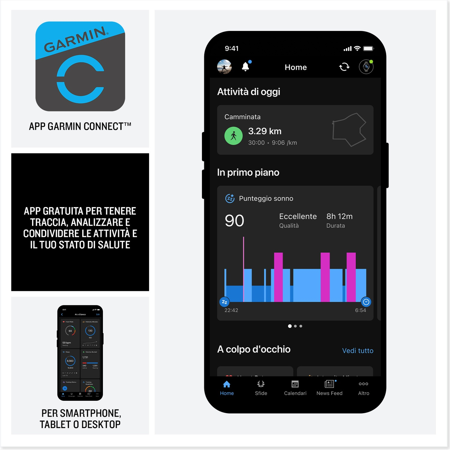 L'app Garmin Connect mostra attività giornaliere, punteggio sonno e battiti cardiaci.