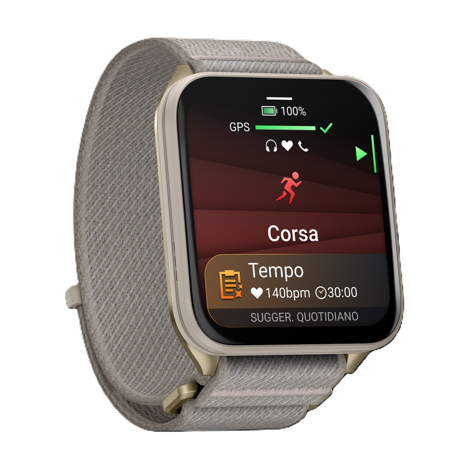 Uno smartwatch con cinturino in tessuto mostra "Corsa" e dati di allenamento.