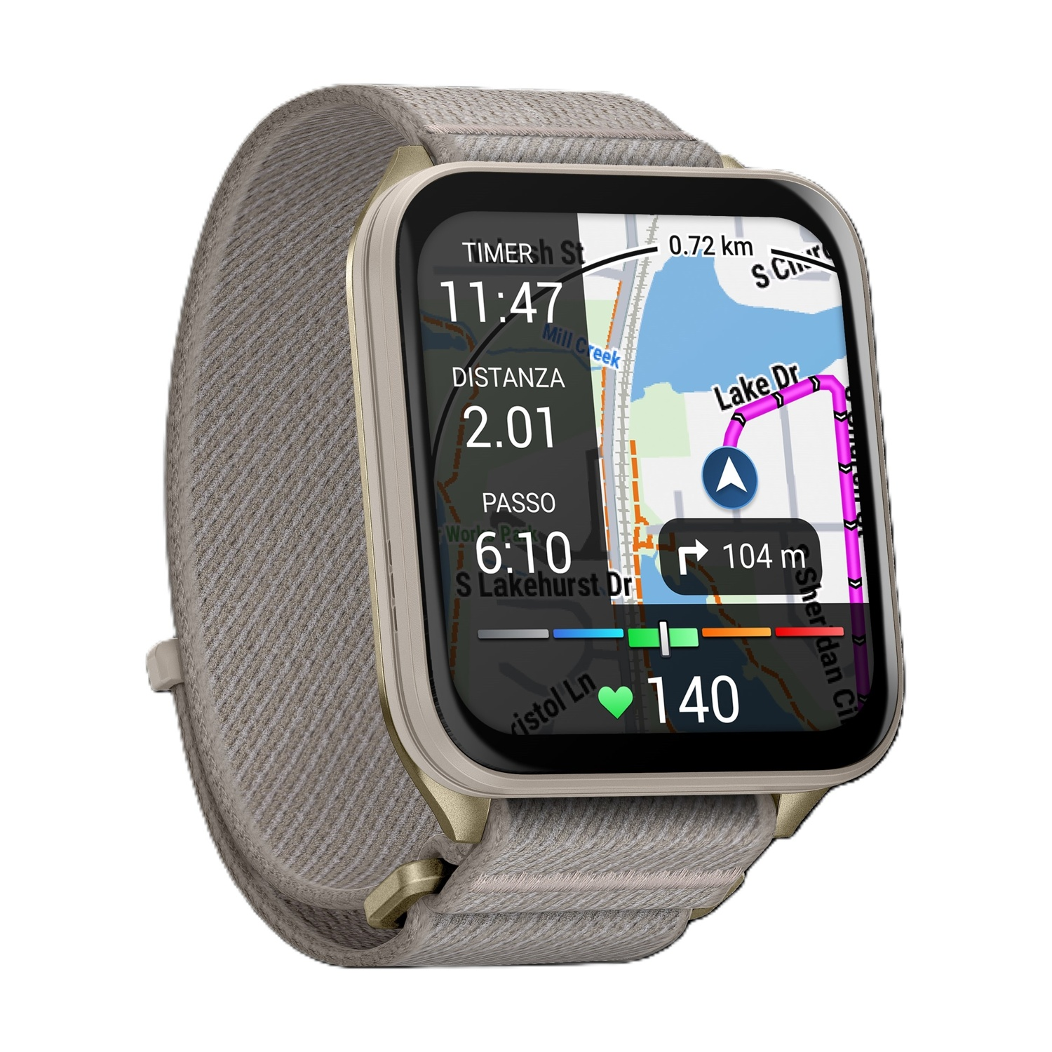 Uno smartwatch beige che mostra una mappa di navigazione e dati di allenamento.