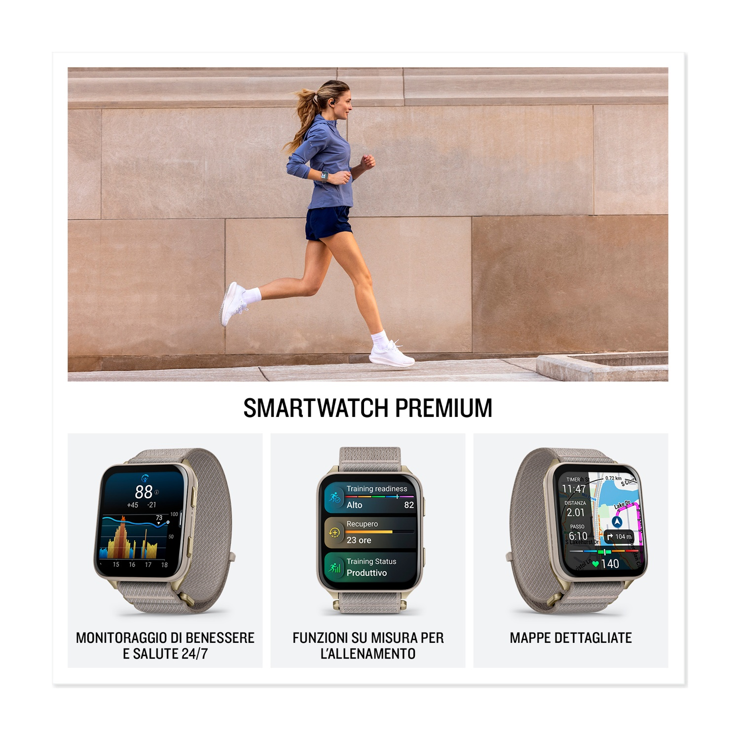 Una donna corre davanti a un muro, con tre smartwatch e i loro display accanto.