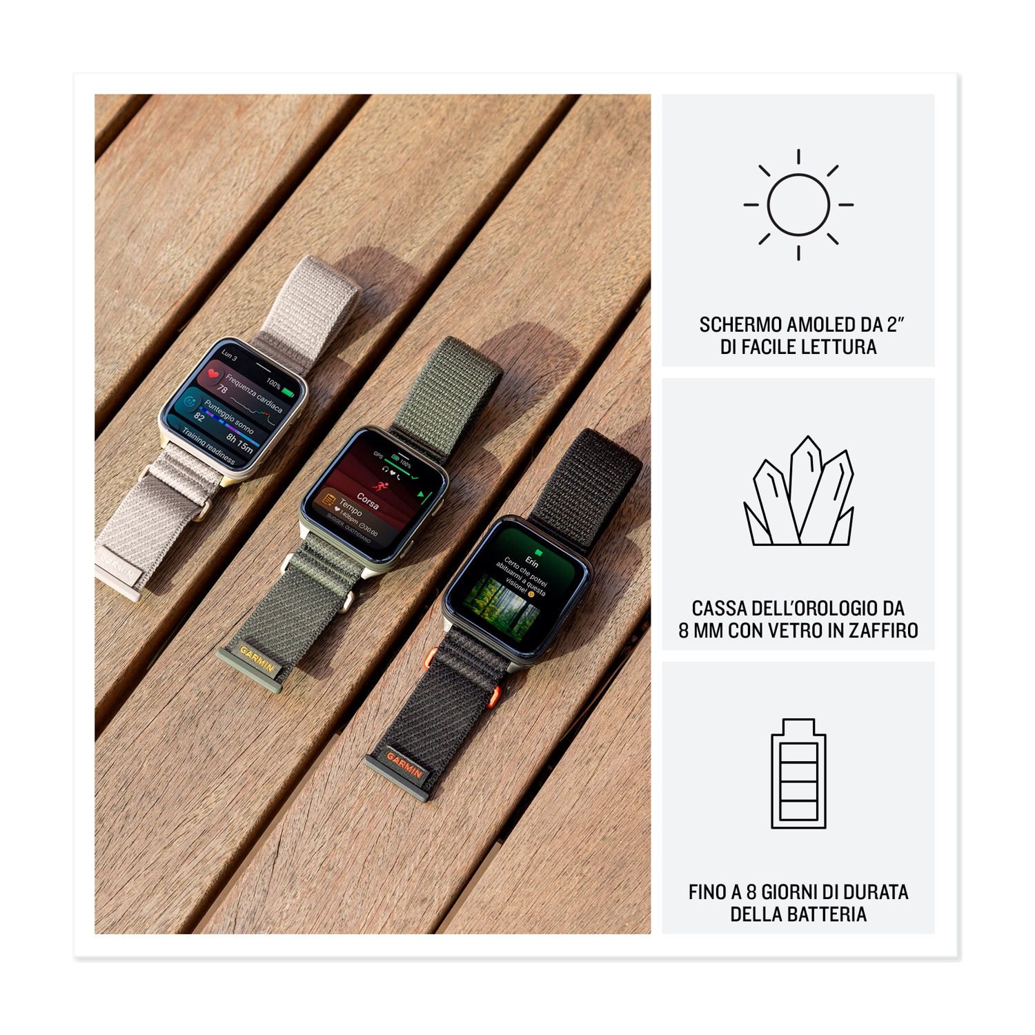 Tre orologi Garmin su legno; uno mostra battito cardiaco, punteggio sonno.