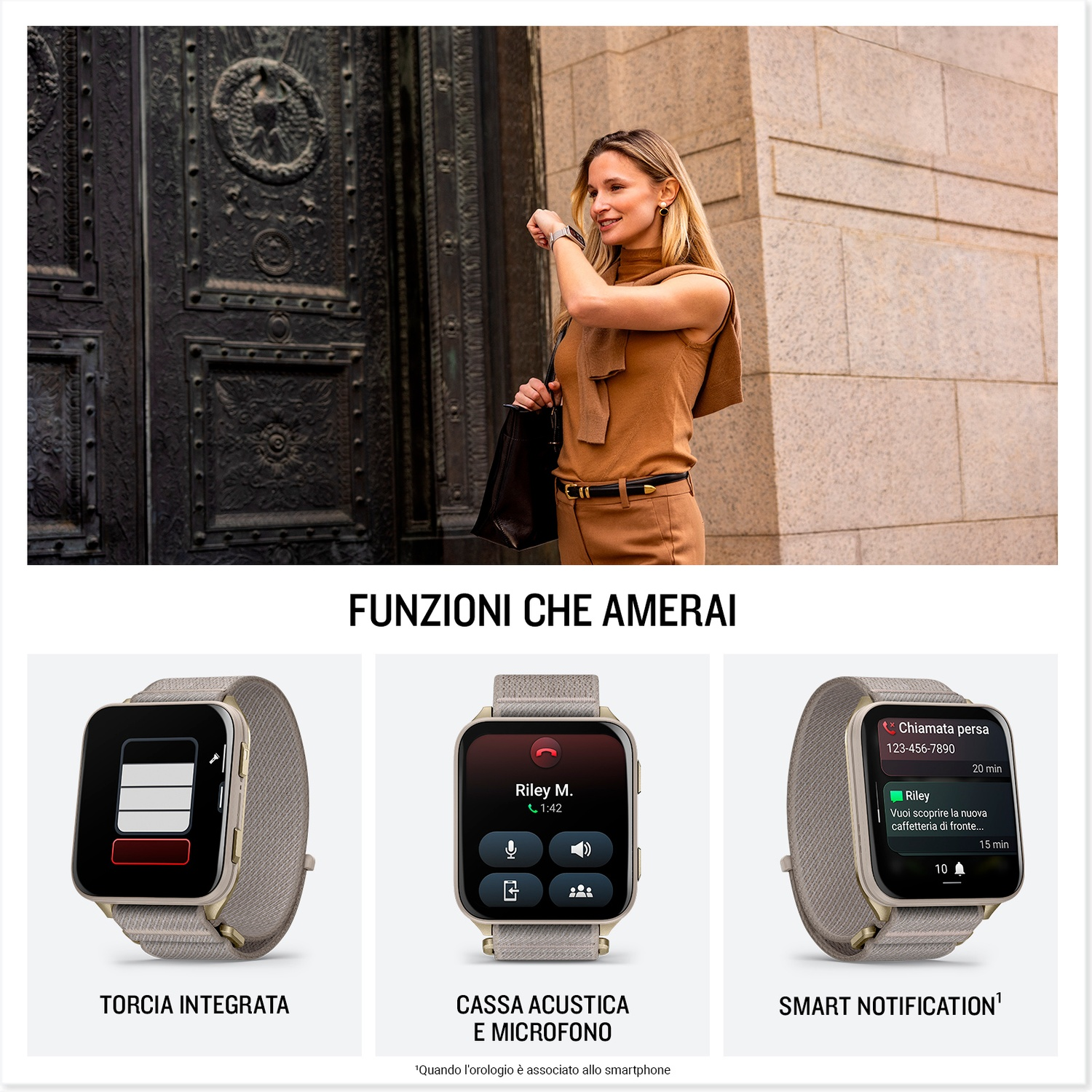 Donna guarda l'orologio vicino a una porta. Sotto, tre display di smartwatch.
