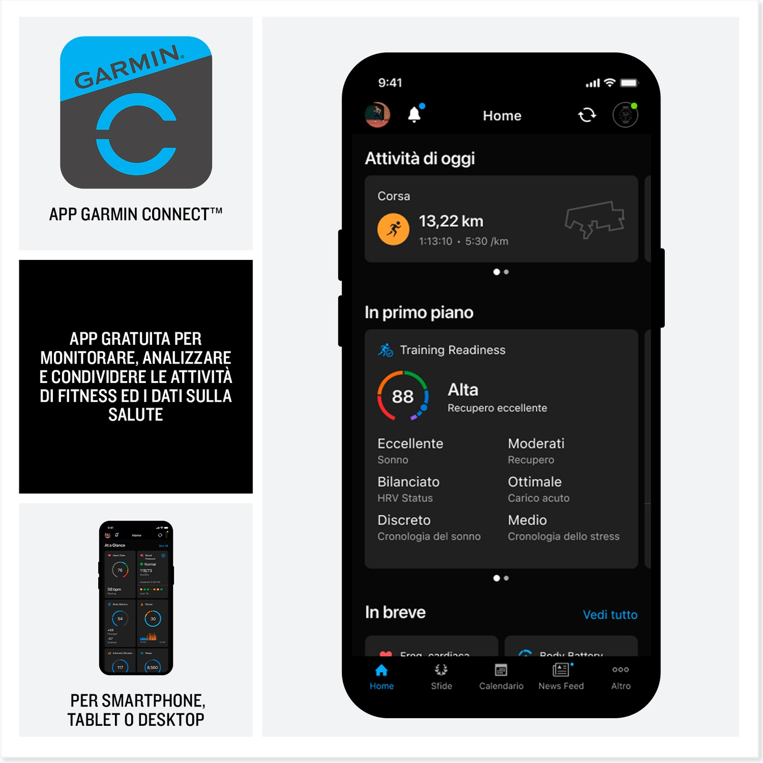 Screenshot dell'app Garmin Connect con dati allenamento, sonno e stress.