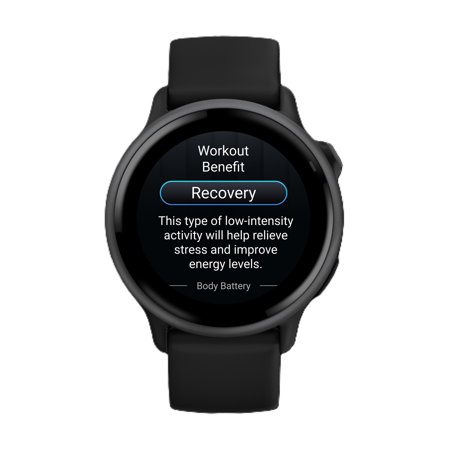 Smartwatch nero che mostra testo su recupero e batteria corporea.