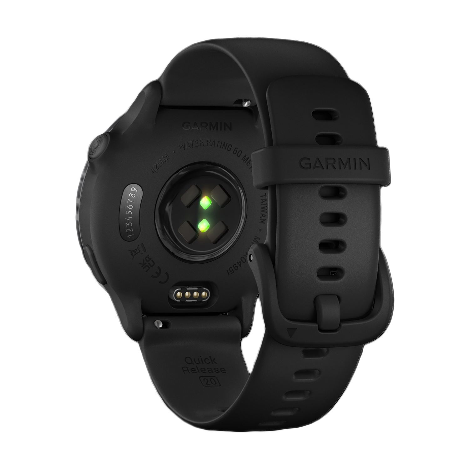 Smartwatch Garmin nera con sensore di frequenza cardiaca e cinturino a sgancio rapido.