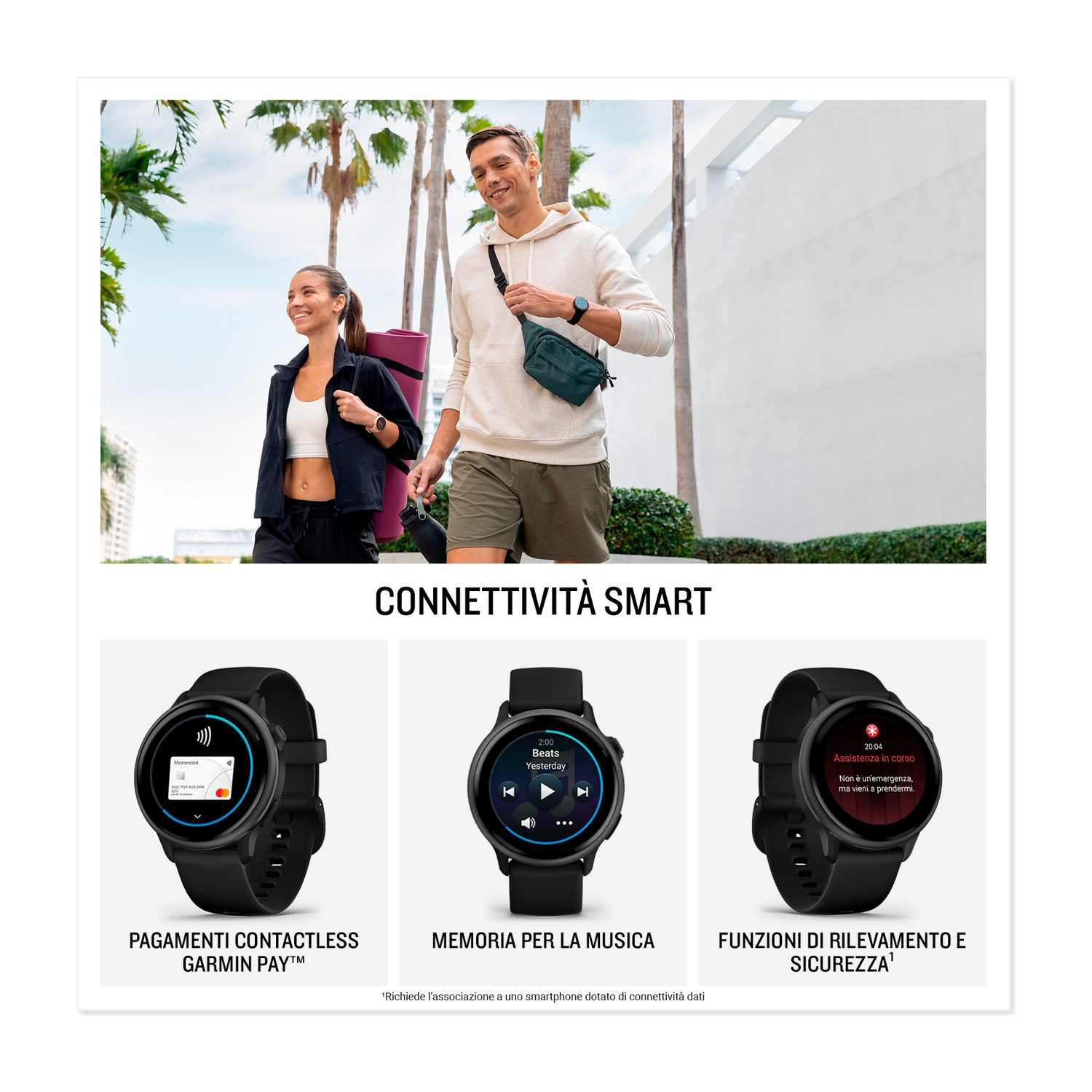 Una coppia che cammina; funzioni smartwatch: pagamenti contactless, musica, sicurezza.