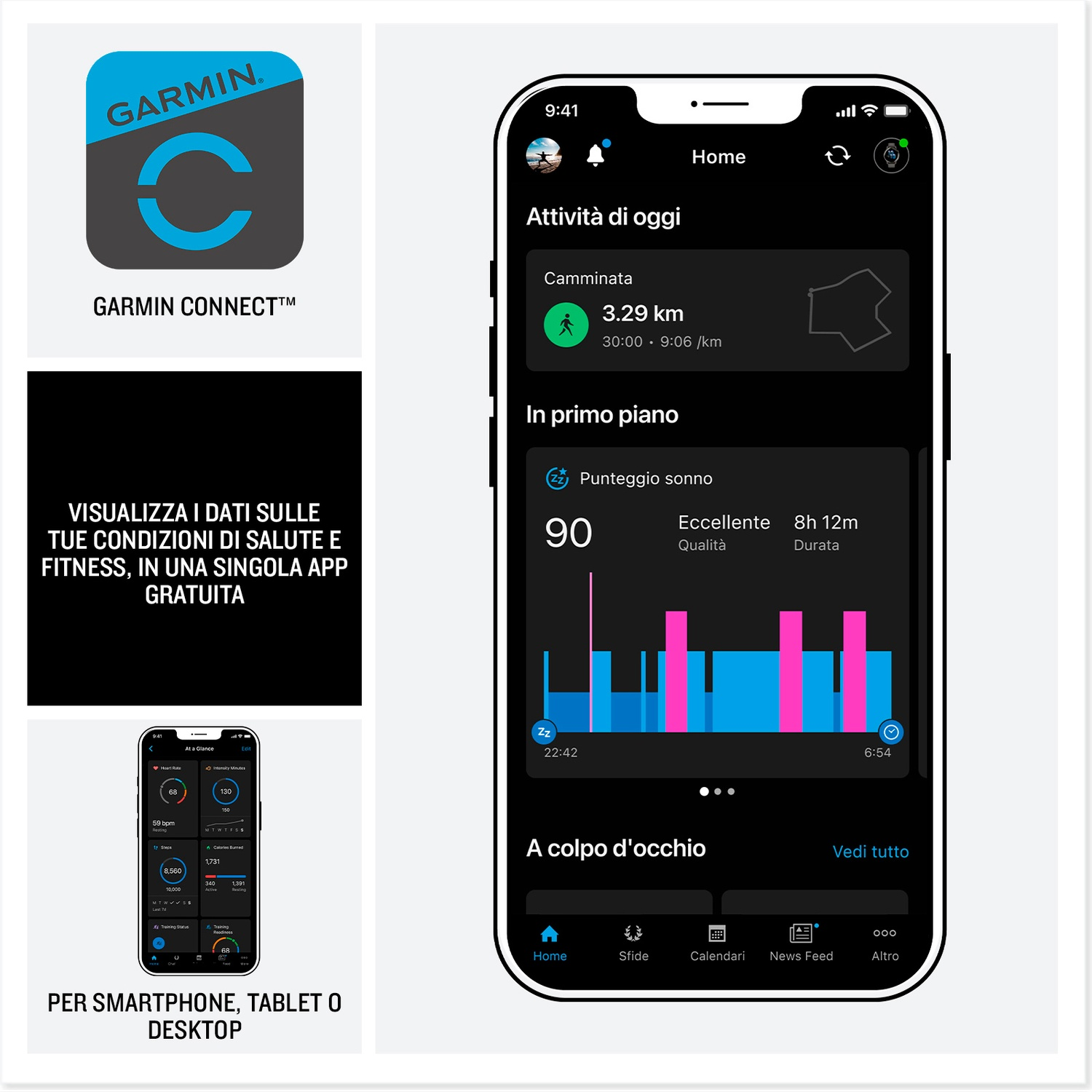 App Garmin Connect su smartphone con panoramica dati attività e sonno.