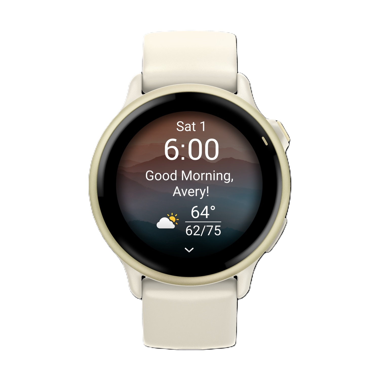 Uno smartwatch color crema mostra le 6:00, Buongiorno Avery, 64°F e 62/75.