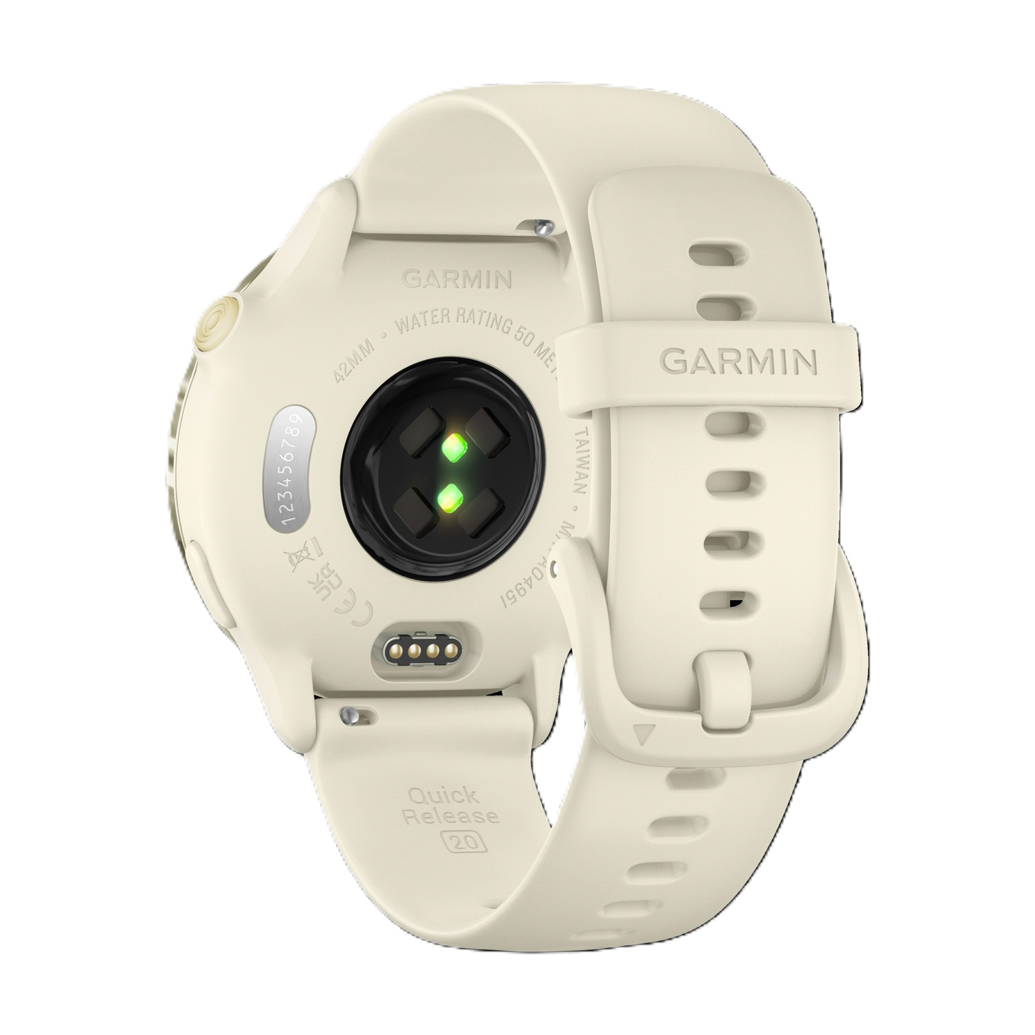 Vista posteriore di uno smartwatch Garmin color crema con sensore di frequenza cardiaca e contatti di ricarica.