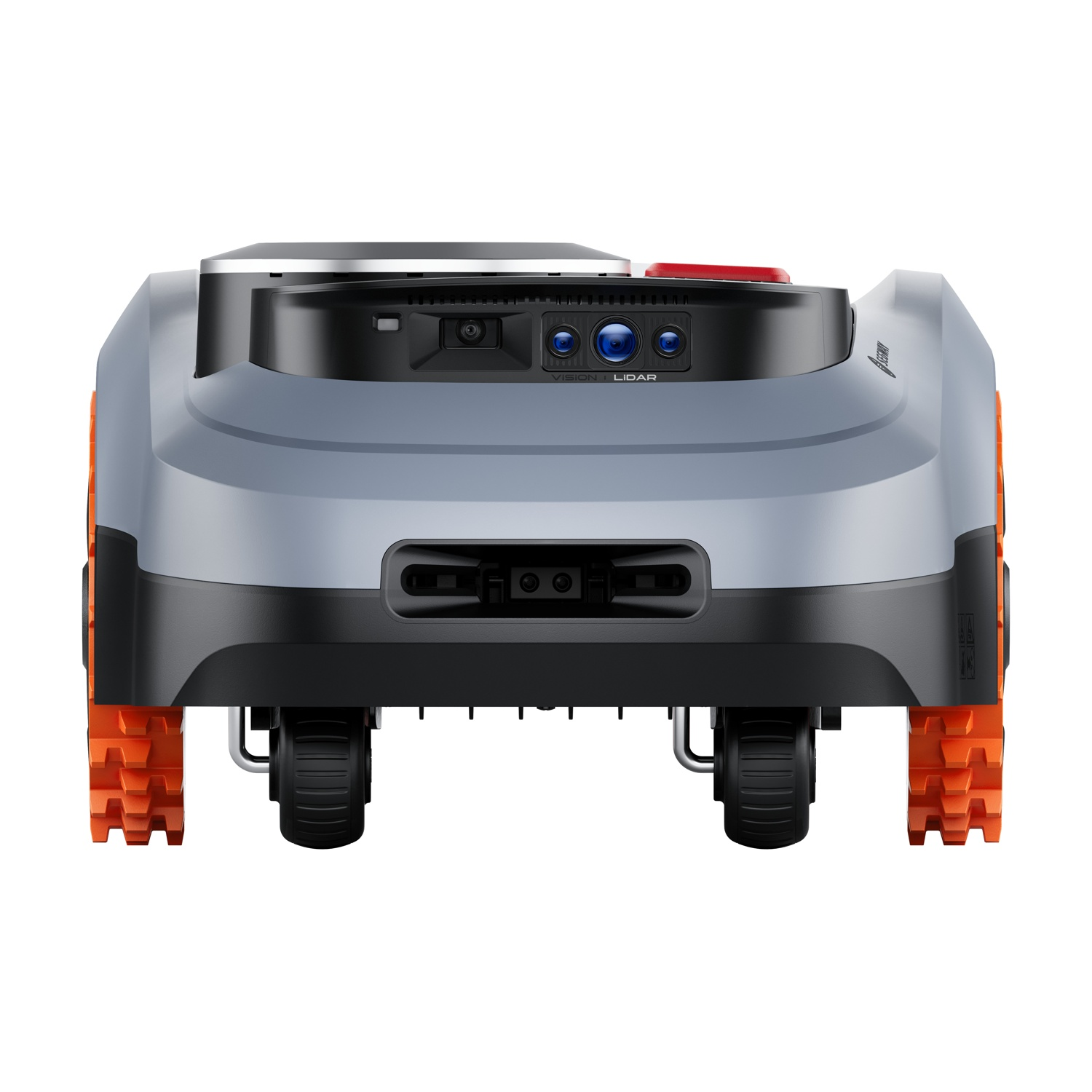 Un robot tosaerba grigio con ruote arancioni e telecamere frontali.