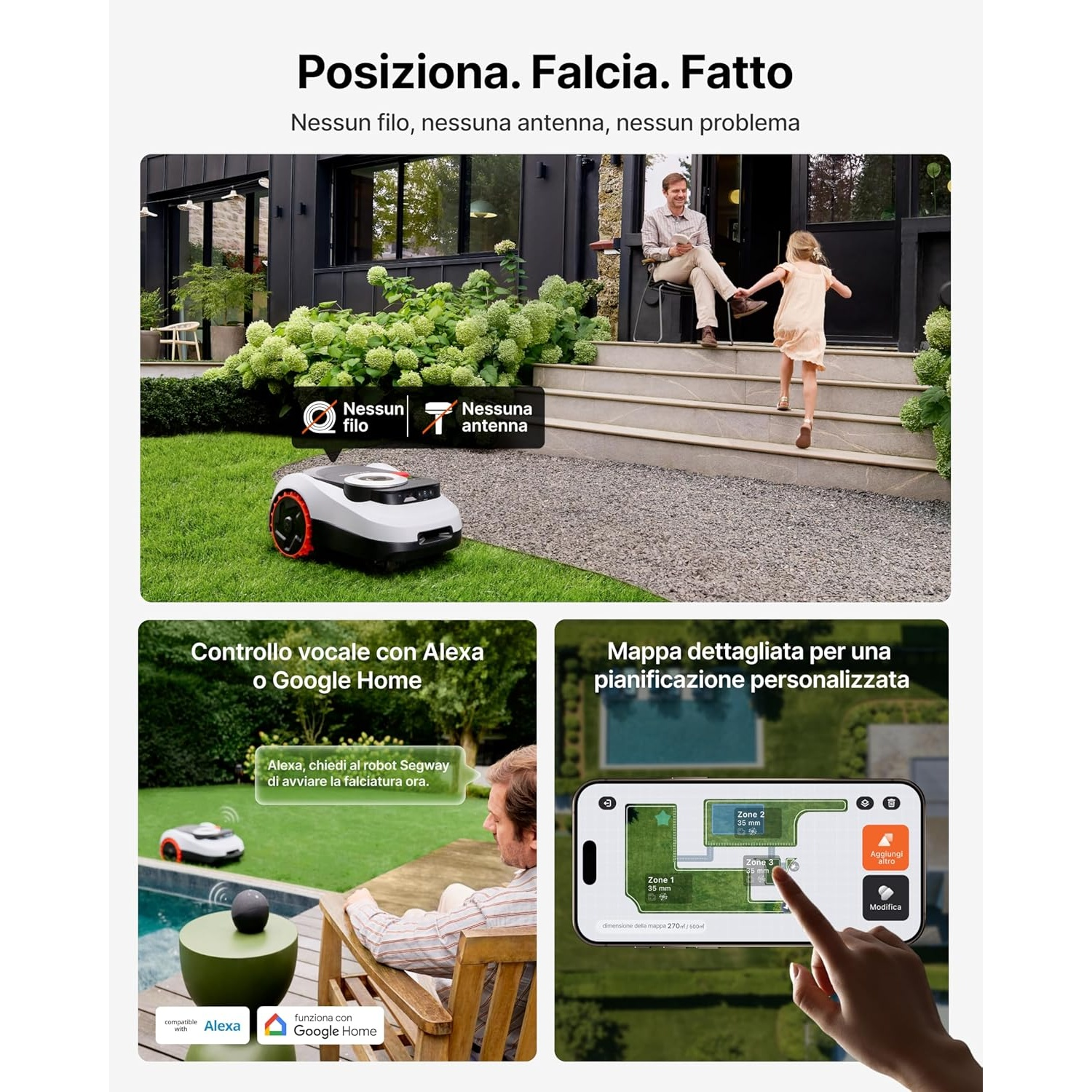 Un robot tosaerba in giardino, una persona sulle scale e vista app su telefono.