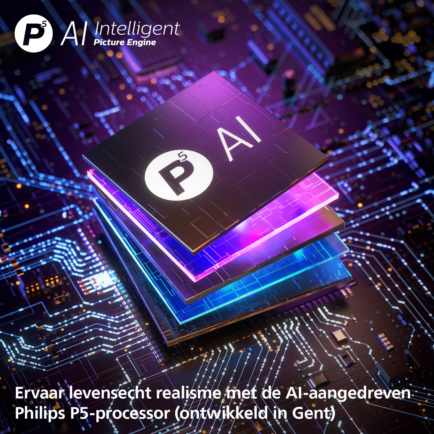 Abstract view of an AI processor with glowing layers and circuitry.