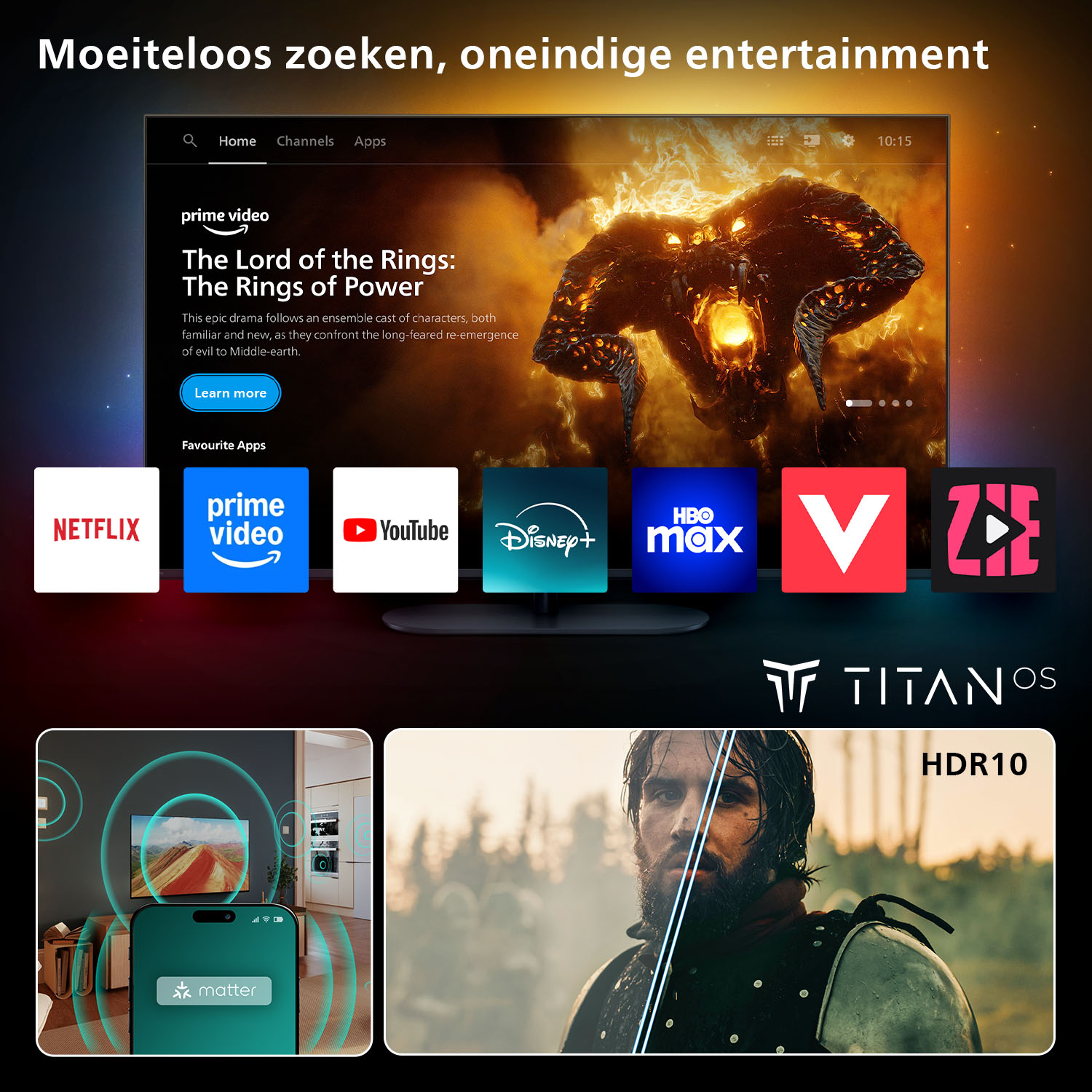 Smart TV-interface met apps zoals Prime Video, Netflix, YouTube. Onder afbeeldingen van smart home en HDR10-films.