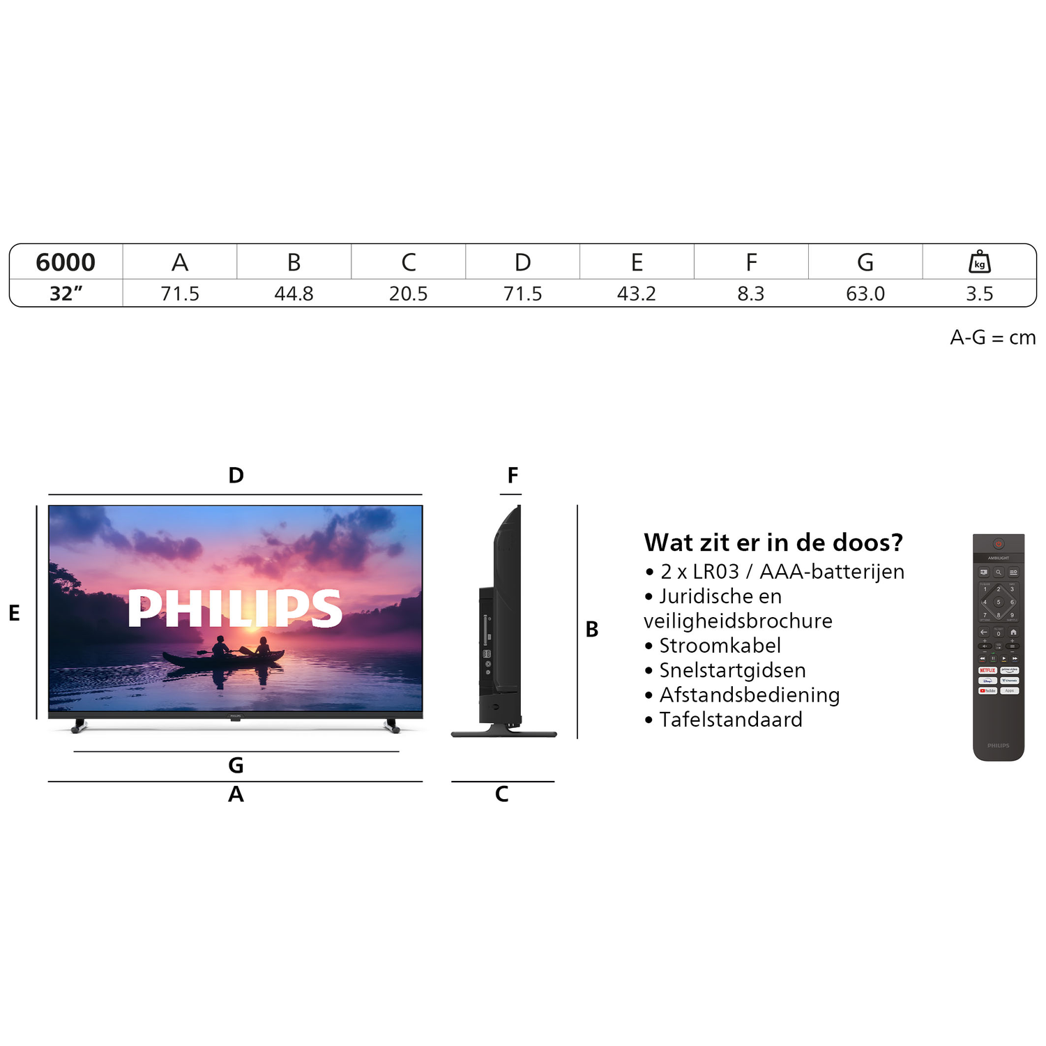 Philips TV specificaties en inhoud, inclusief afstandsbediening en handleiding.